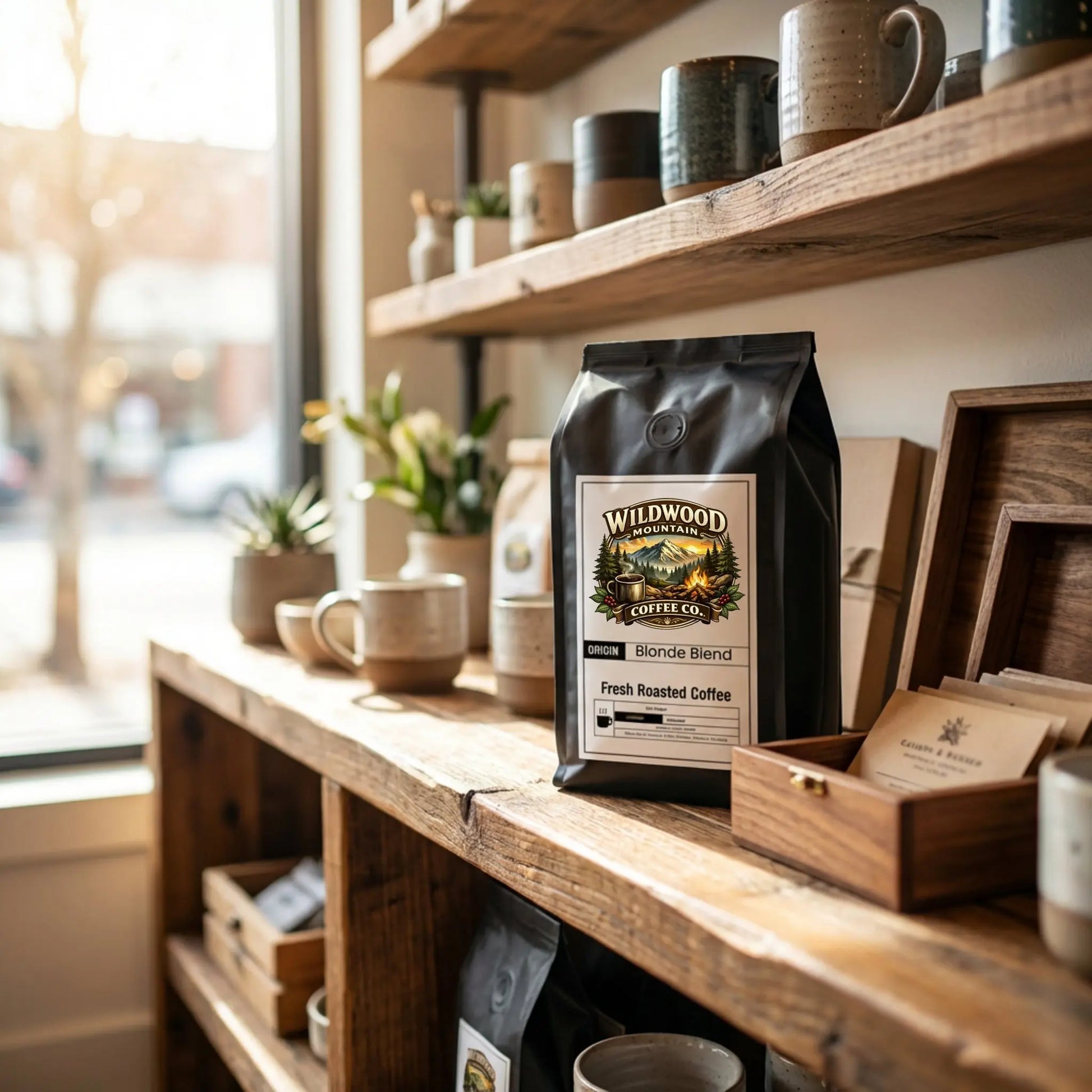 Wildwood Coffee Co. bag on a wooden shelf with mugs and decor