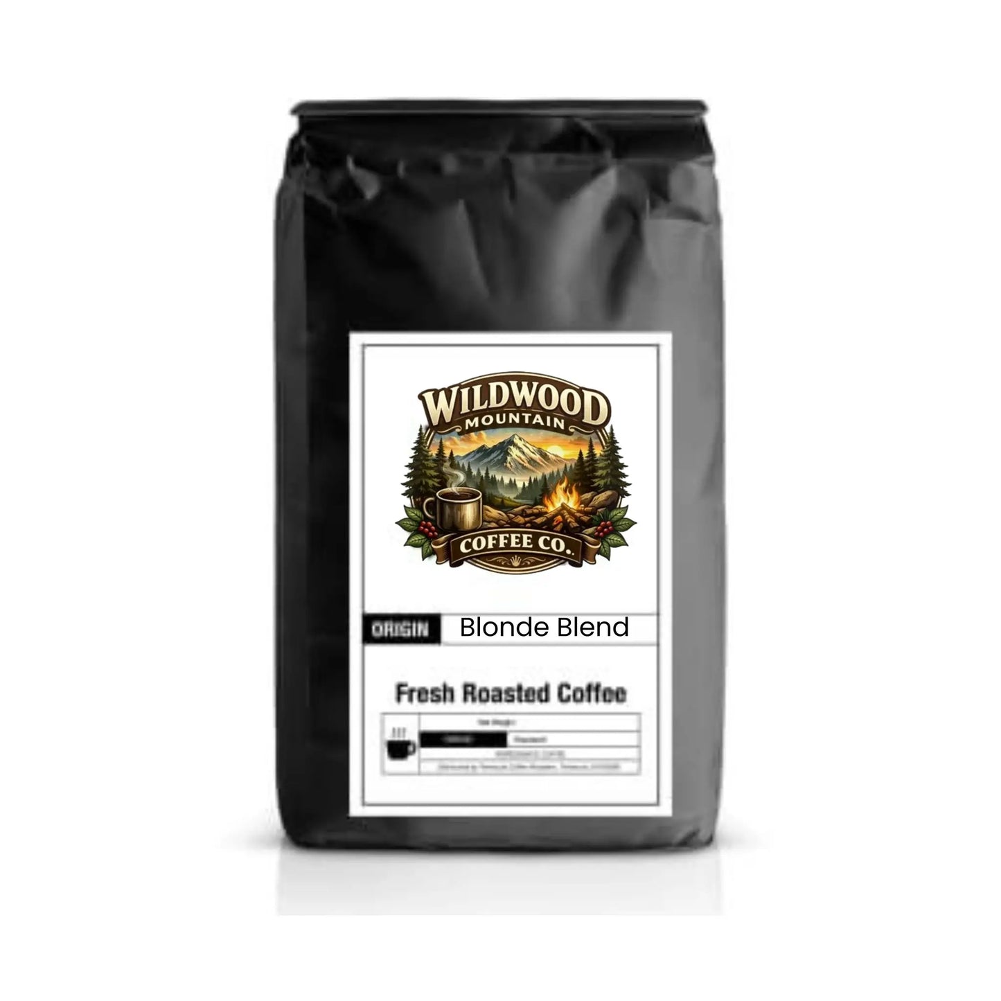 Black coffee bag with Wildwood Mountain Coffee Co. label on a white background