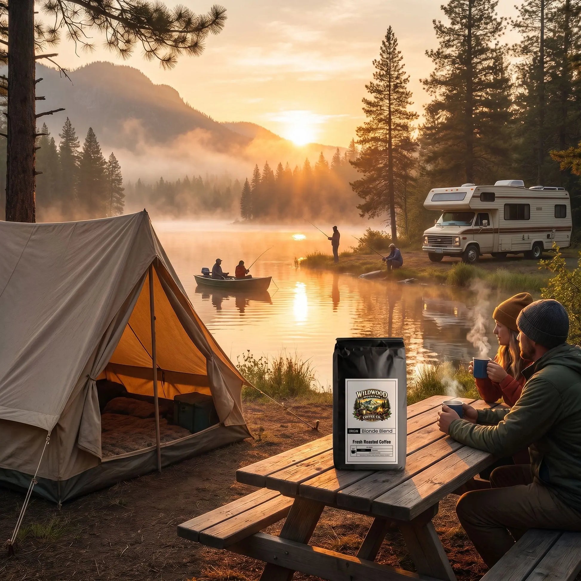 Camping scene with a tent, coffee bag, and people by a lake at sunset.
