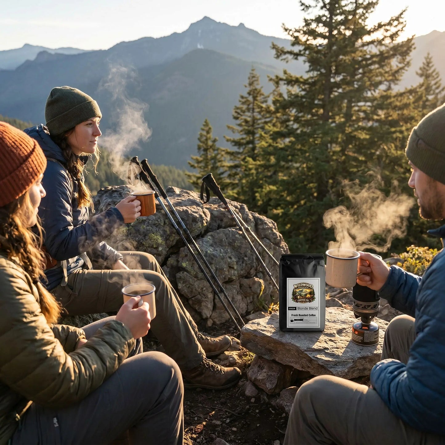 People sitting by a campfire in the mountains, enjoying hot beverages.