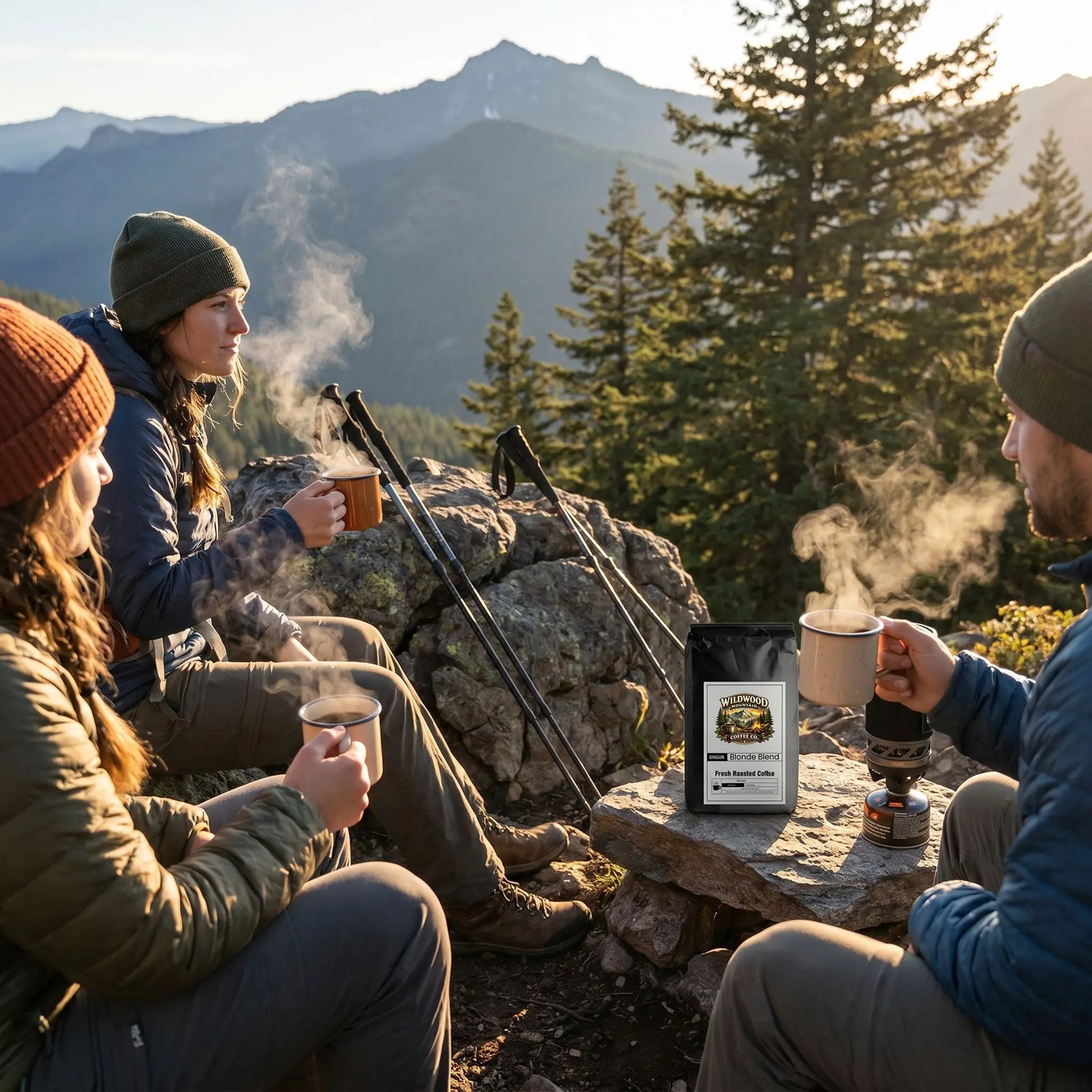 People sitting by a campfire in the mountains, enjoying hot beverages.
