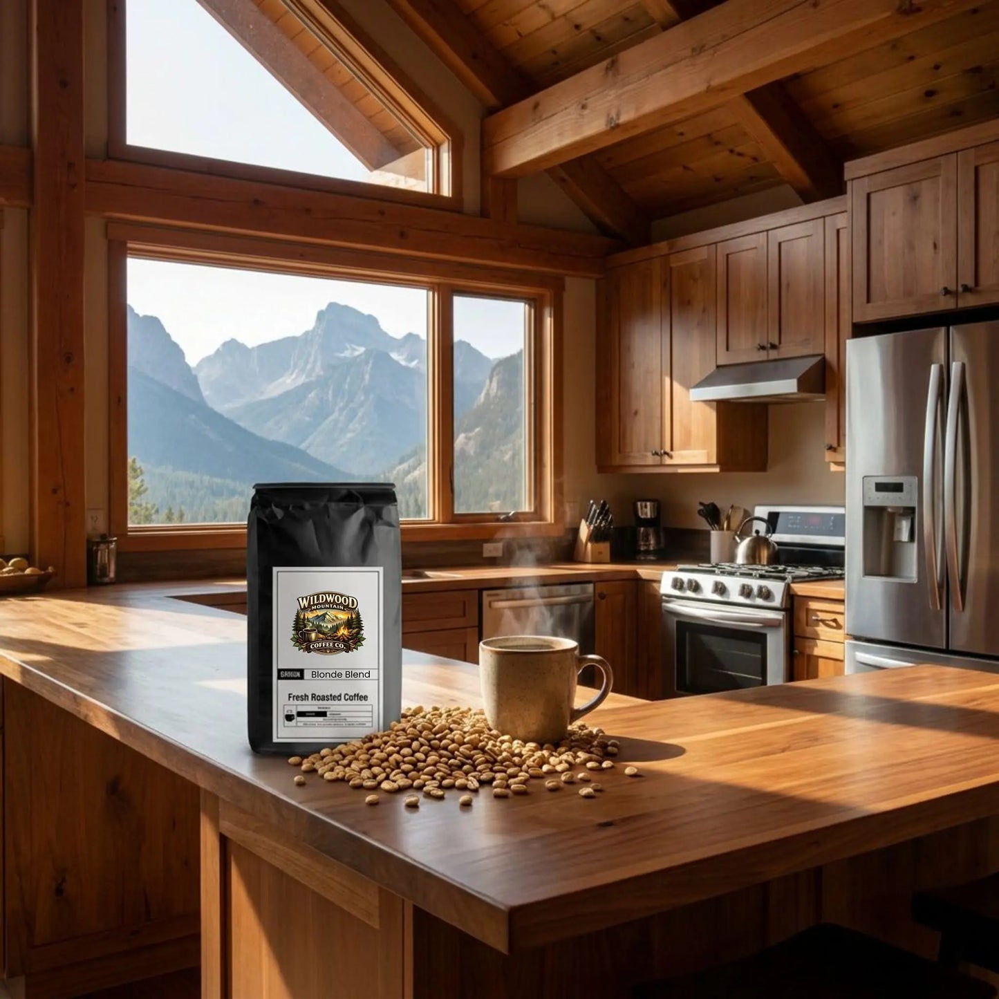 Kitchen with wooden cabinets and a mountain view, featuring a bag of coffee and a cup on a counter.