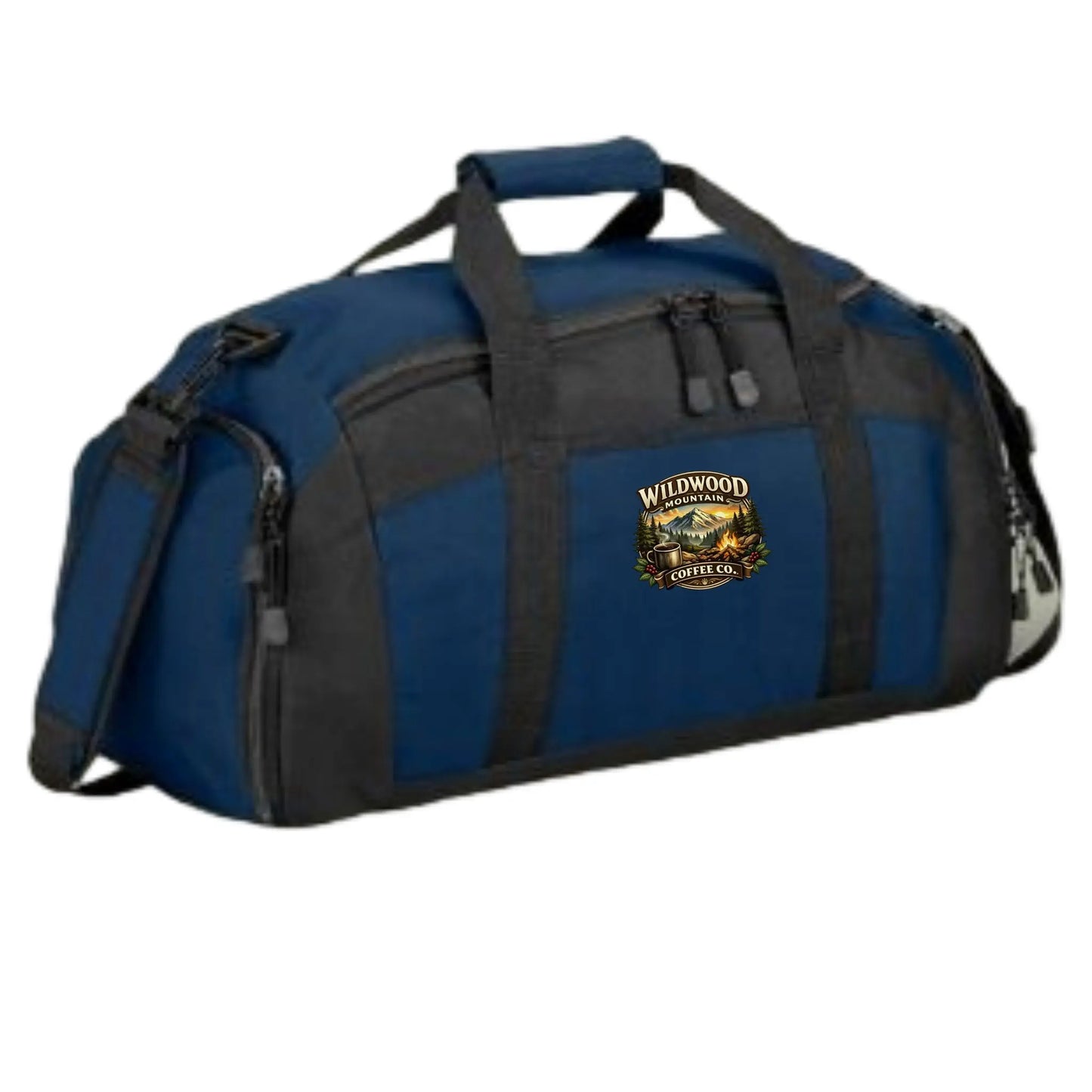 Blue and black duffel bag with a logo on a white background