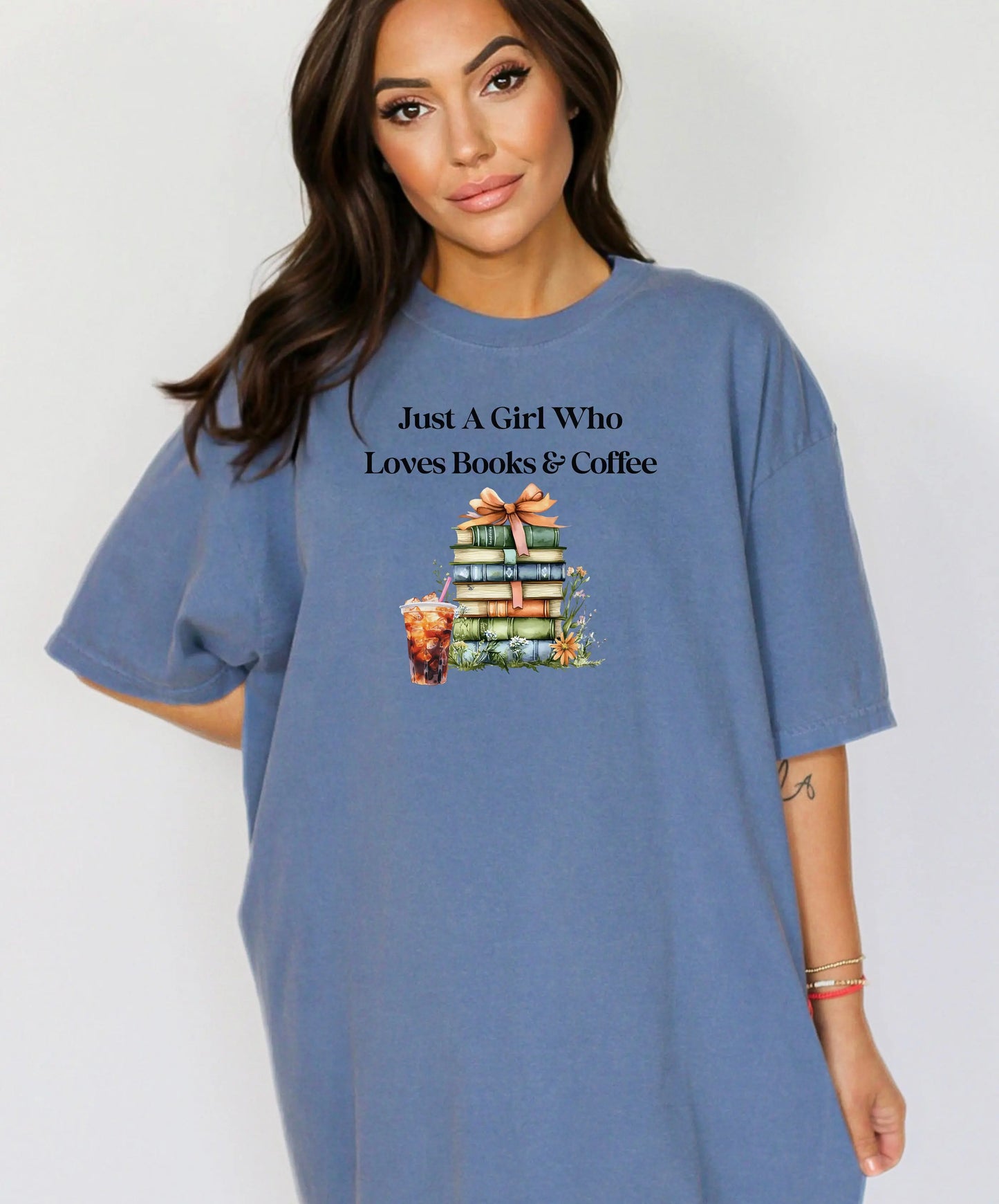 Just A Girl Who Loves Books & Coffee , Reading Shirt, Book Lover Gift, Coffee Lover Gift, Librarian Shirt, Bookish Tee, Bookworm Tee Printify