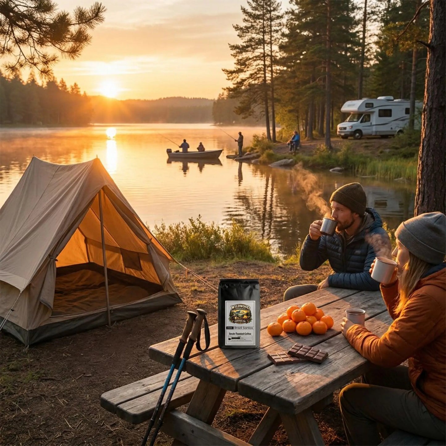 Campers sitting by a wooden picnic table enjoying a hot, steaming cup of coffee.  A tent is pitched nearby. Fishermen on the lake in a boat and someone is fishing by the rocks.  Another camper is sitting watching.  A RV is in the background.  The sun is starting to rise in the early morning over the lake and mountains in the background.