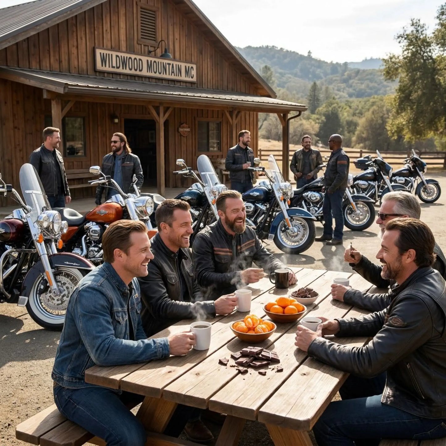 Group of men sitting around a wooden table drinking hot, steaming cups of coffee.  Chocolate and mandarin oranges are on the picnic table with motorcycles and a wooden building in the background.