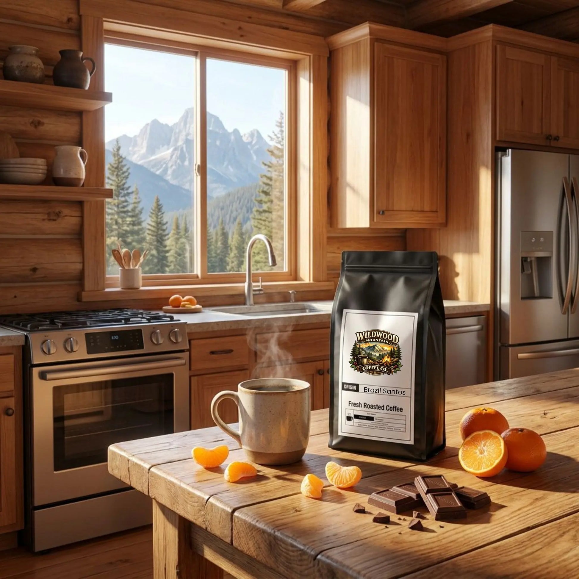 Mountain Cabin kitchen with wooden cabinets, a window view of mountains, and a coffee bag on a table.  Mandarin oranges and chocolate are next to the hot, steaming cup of coffee.