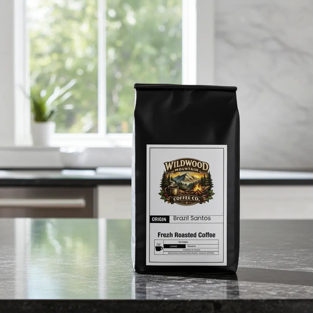 Black coffee bag with Wildwood Mountain Coffee Co. label on a black marble kitchen counter
