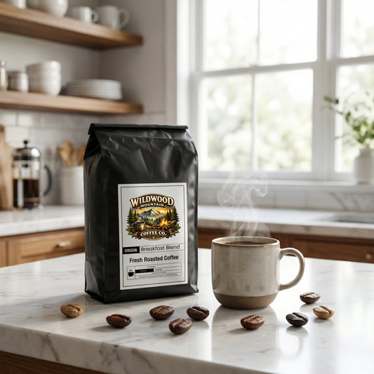 Bag of Wildwood Coffee Co. coffee on a kitchen counter with a steaming mug and scattered coffee beans.