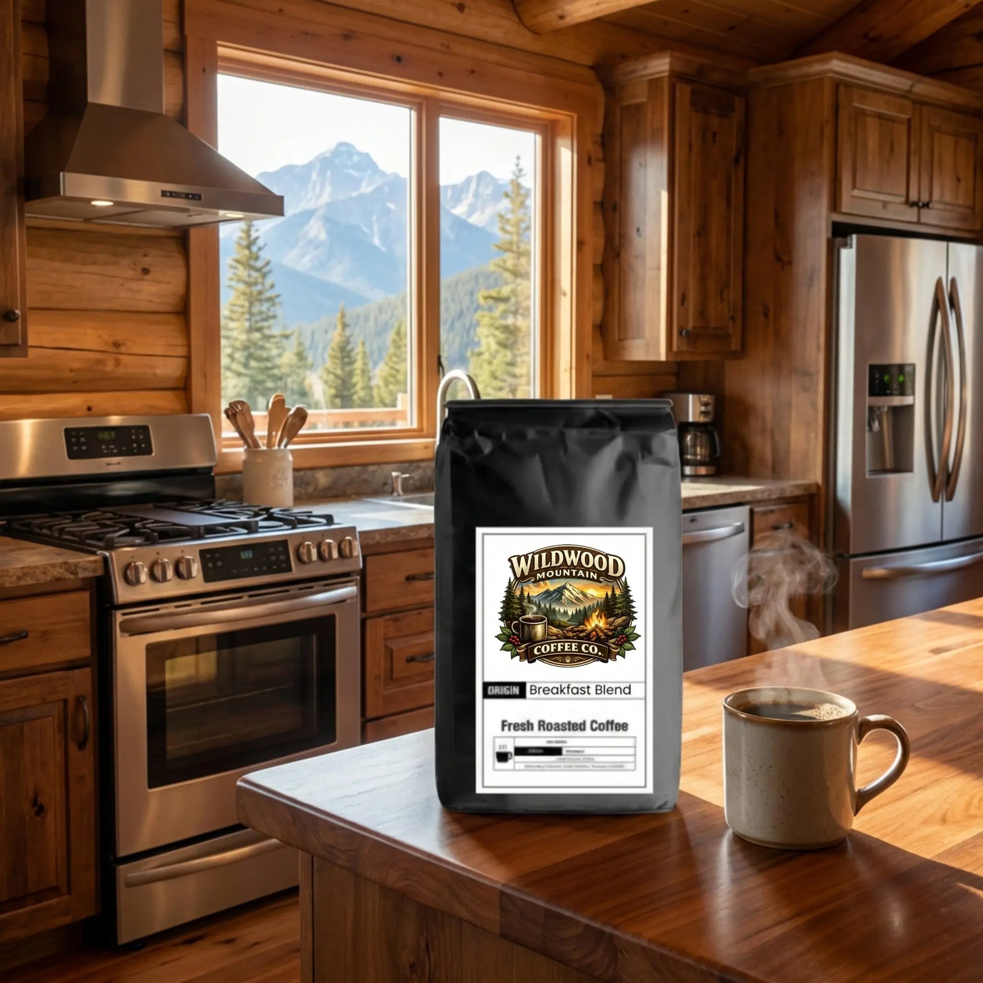 Wildwood Coffee Co. bag on a kitchen counter with a scenic mountain view