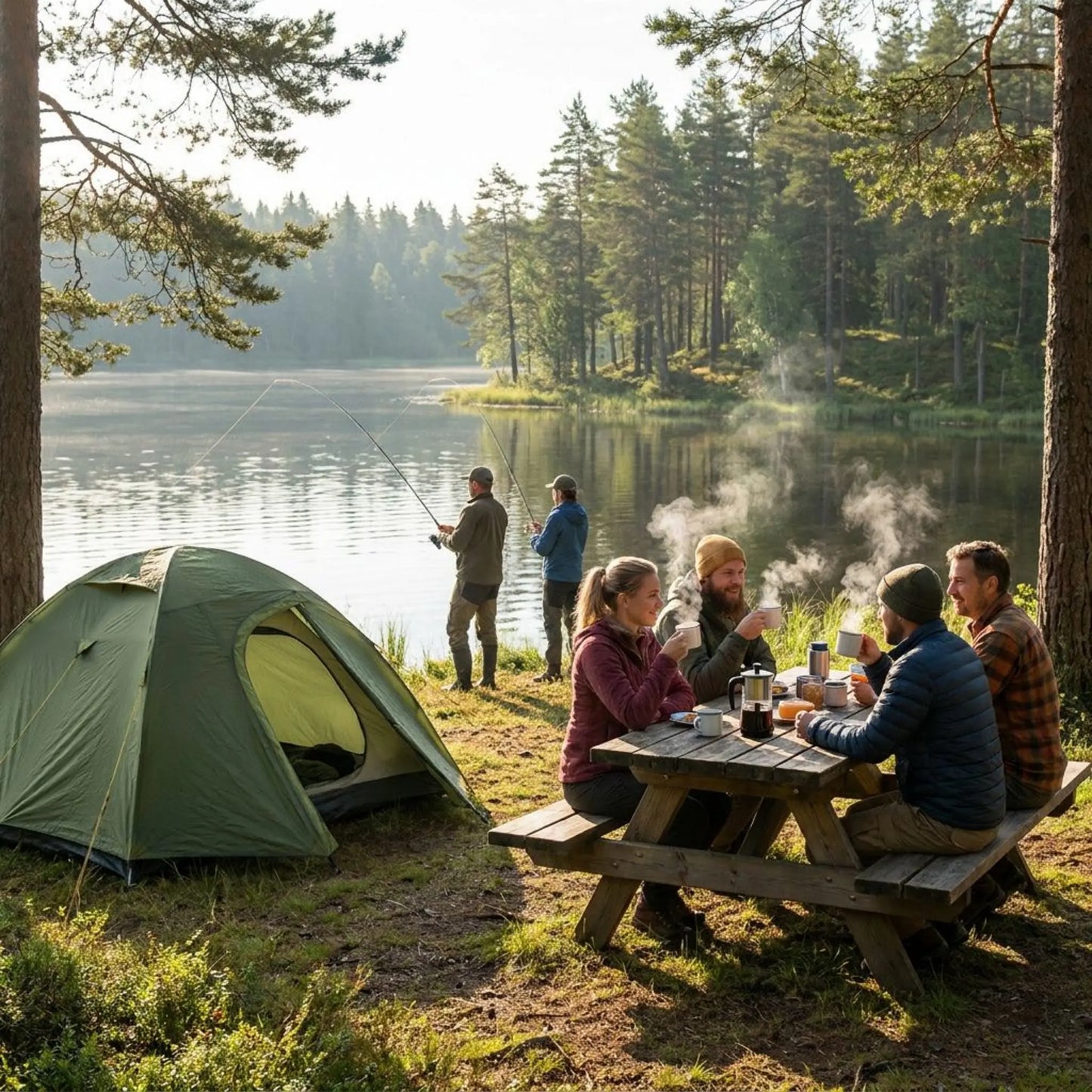 Group of people camping by a lake, with a green tent and people around a picnic table drinking coffee early in the morning.