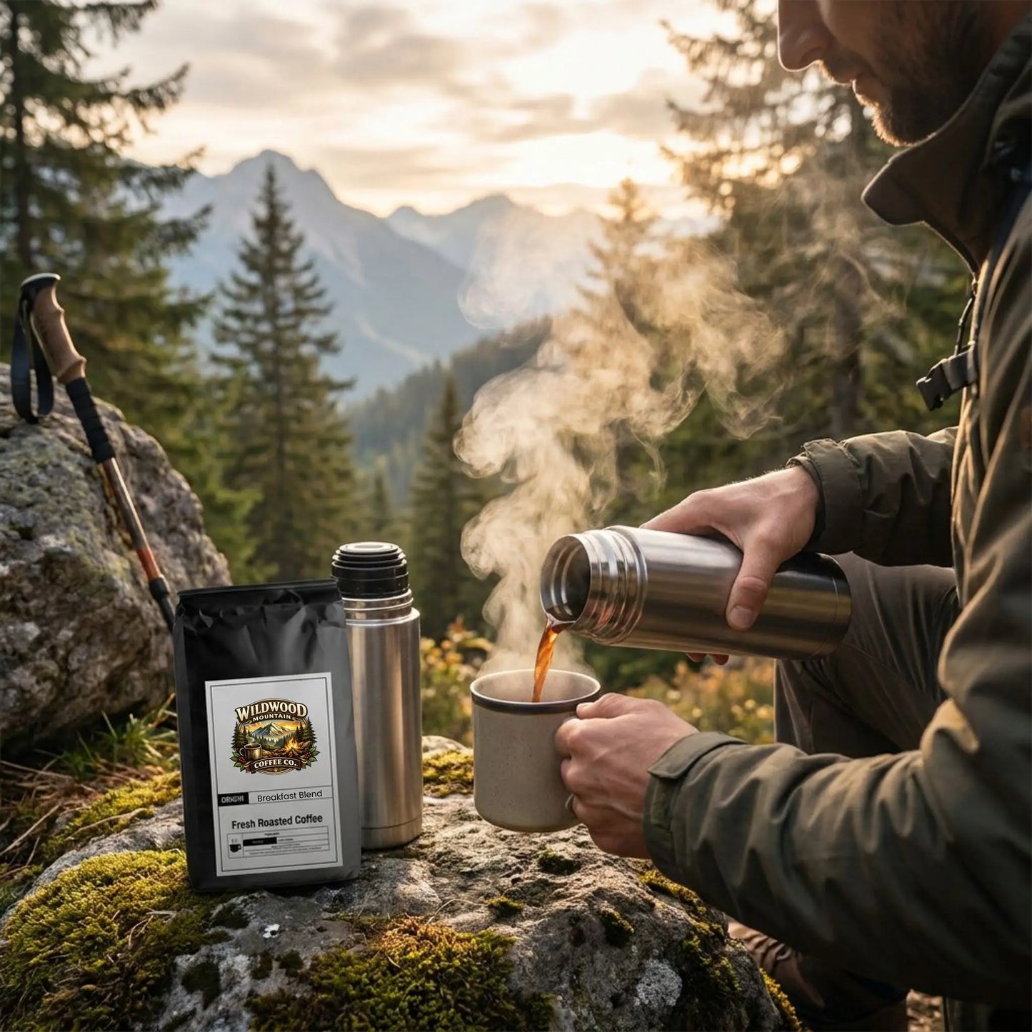Hiker pouring coffee from a thermos into a mug with a scenic mountain backdrop