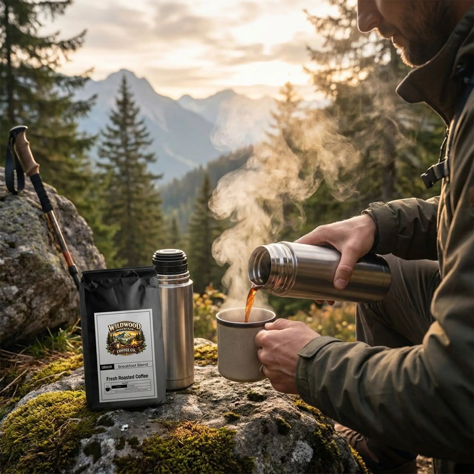 Hiker pouring coffee from a thermos into a mug with a scenic mountain backdrop
