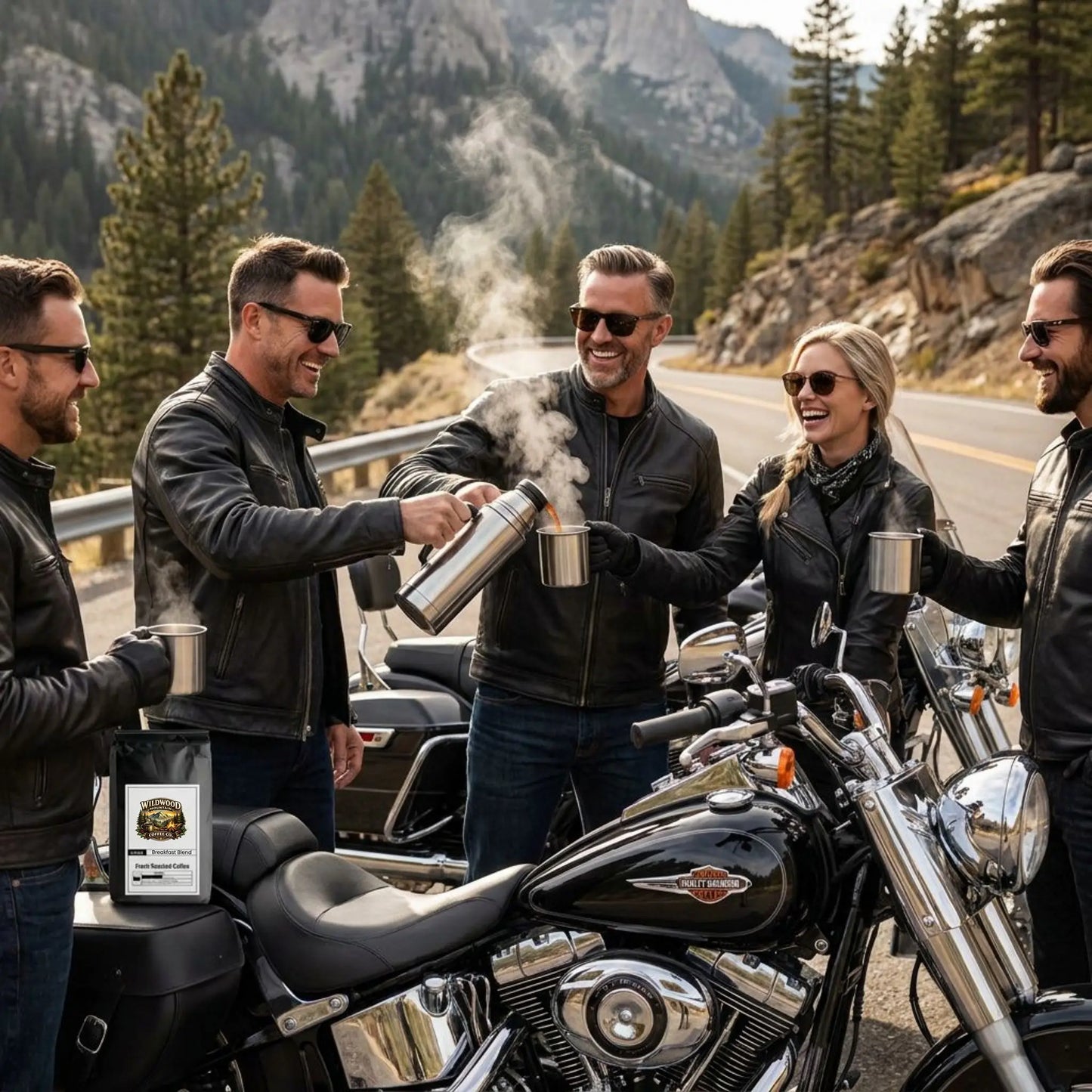 Group of people on motorcycles in a mountainous area, enjoying coffee.
