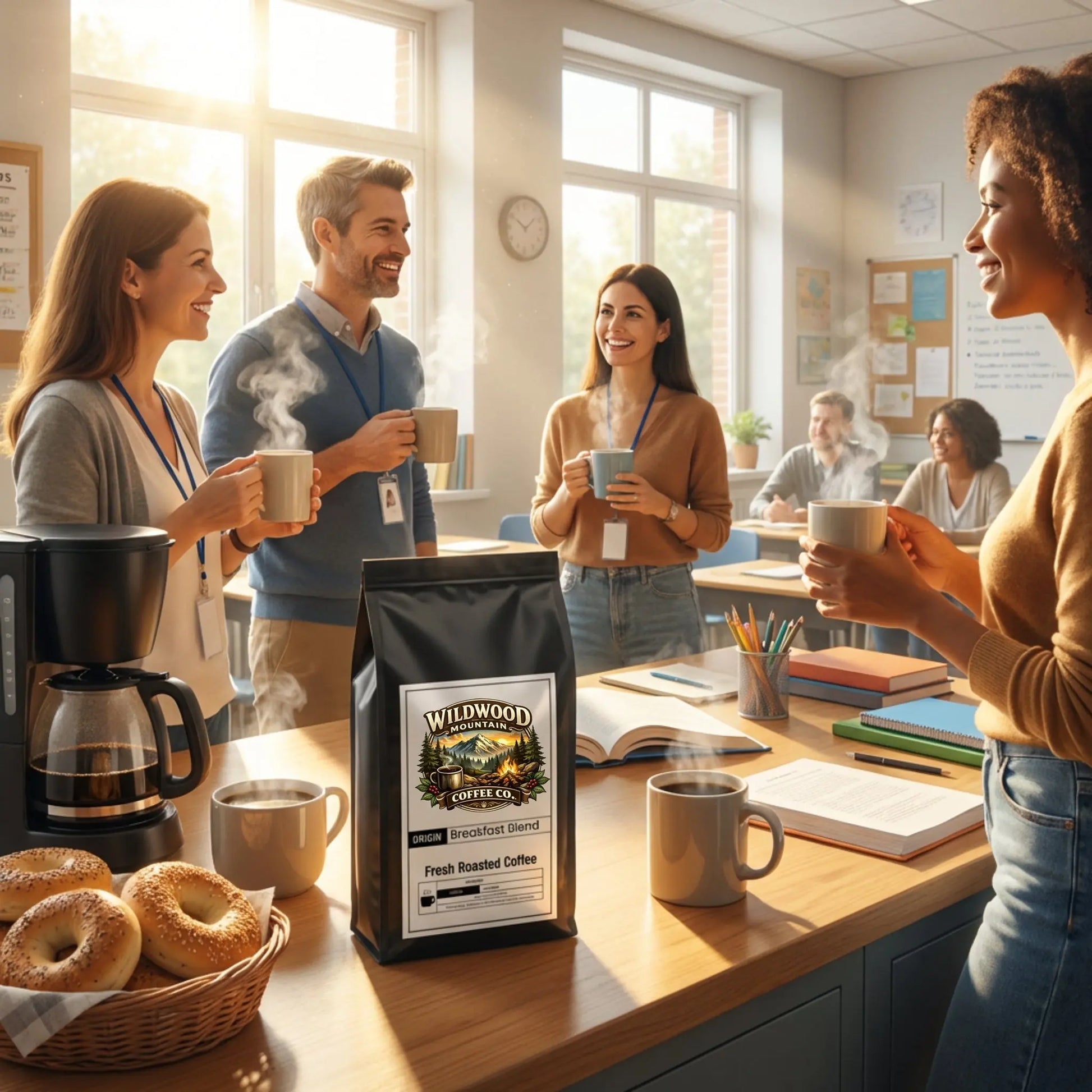 People in a casual office setting with coffee and bagels, featuring Wildwood Coffee Co. packaging.