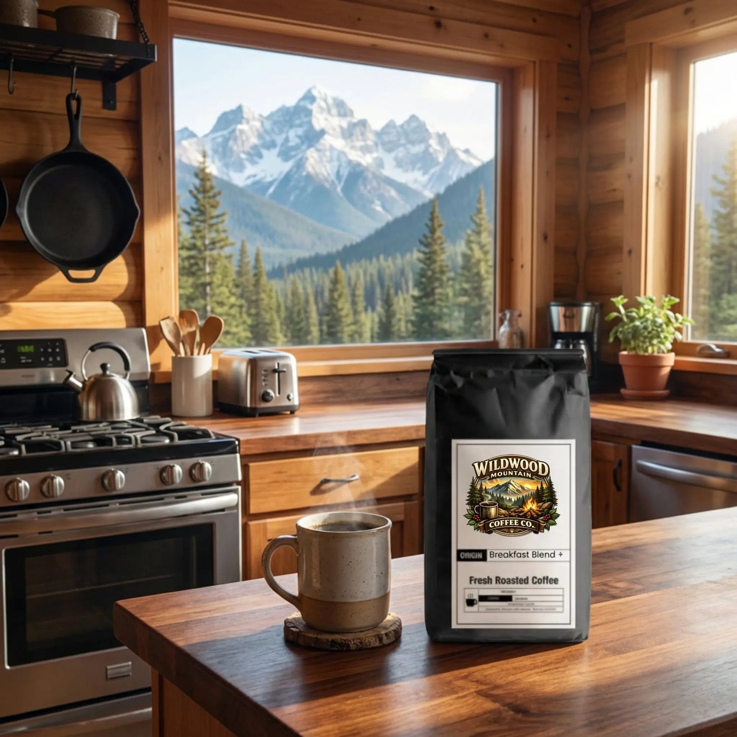 Wildwood Mountain Coffee Co Breakfast Blend + in a log cabin kitchen sitting on a counter with a hot steaming cup of coffee next to it.