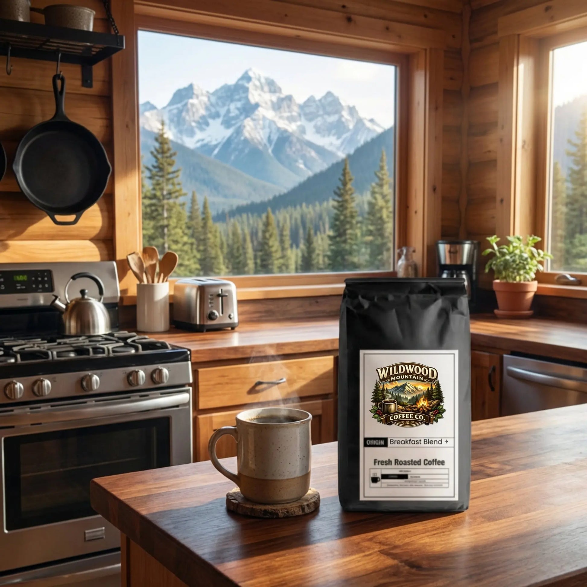 Wildwood Mountain Coffee Co Breakfast Blend + in a log cabin kitchen sitting on a counter with a hot steaming cup of coffee next to it.