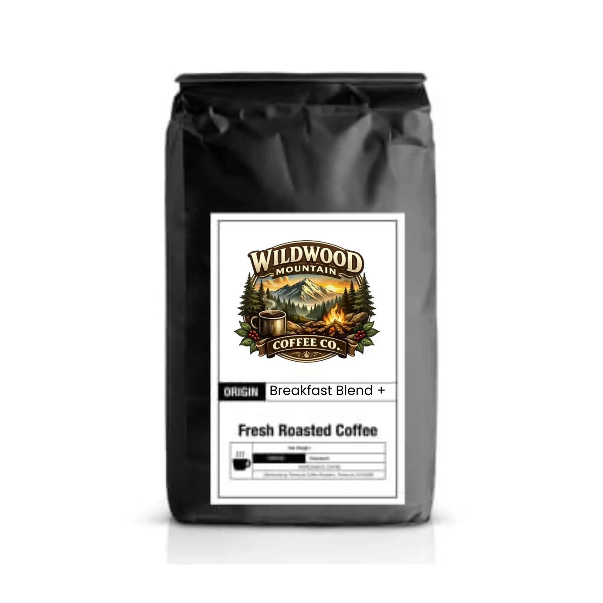 Black coffee bag with Wildwood Mountain Coffee Co. label on a white background