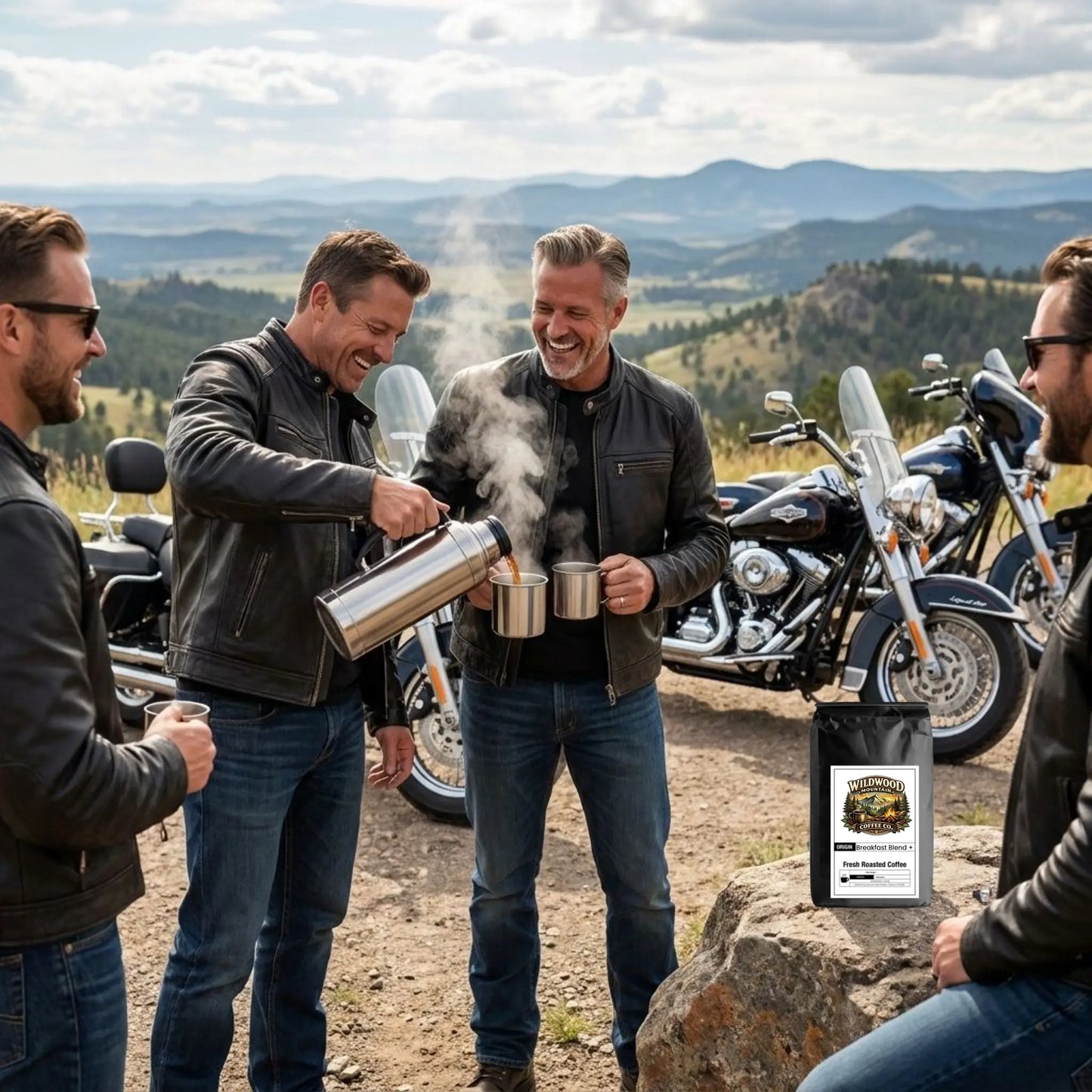 Wildwood Mountain Coffee Co Breakfast Blend Plus Robusta bag sitting on a rock.  A group of men are starting at a lookout point drinking steam hot coffee from a thermos with motorcycles in the background.