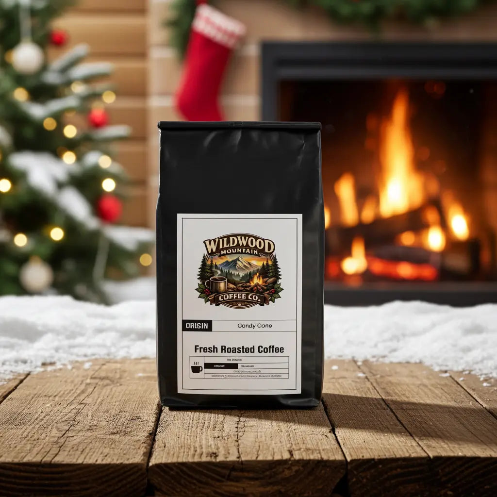 Wildwood Mountain Coffee Co. bag on a wooden surface with a Christmas tree and fireplace in the background