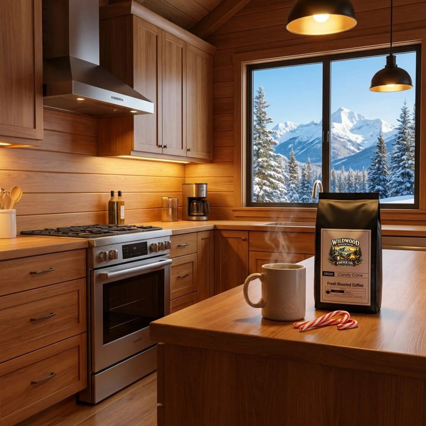 Mountain Cabin kitchen with a view of mountains, coffee bag, mug, and candy cane on the counter.
