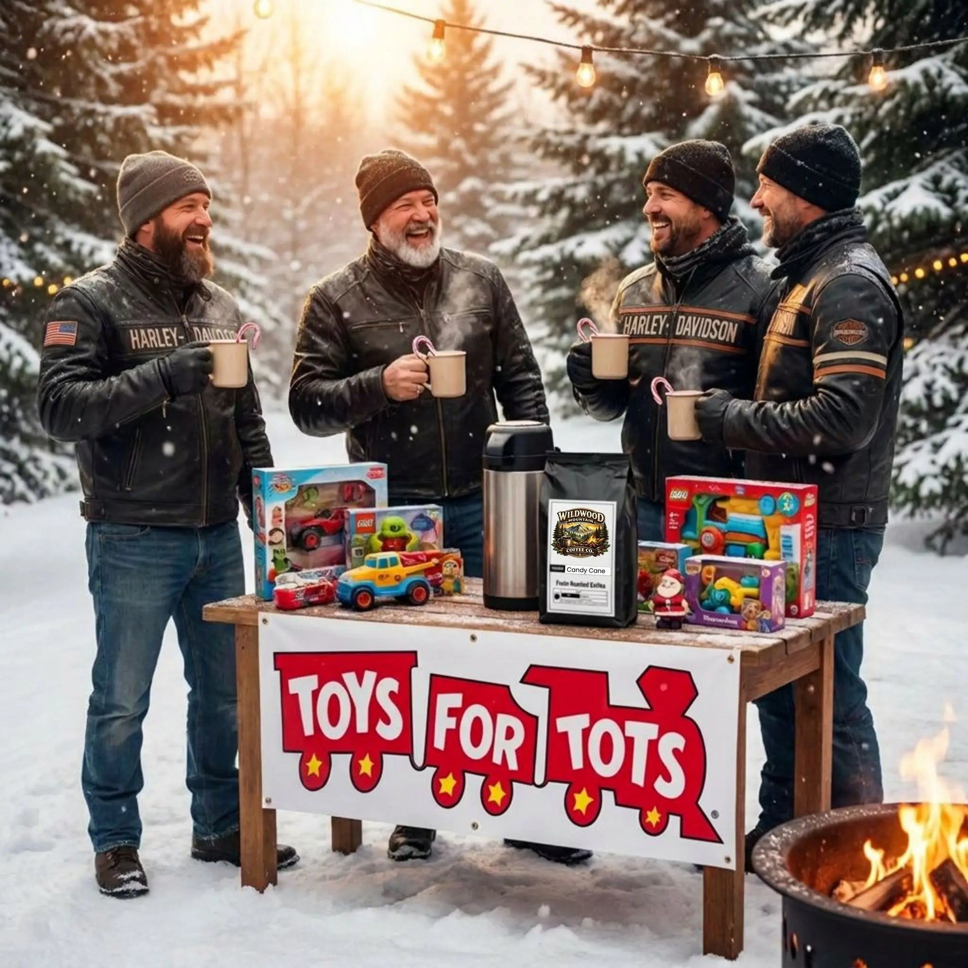 Four men in motorcycle gear standing around a 'Toys for Tots' collection table in a snowy outdoor setting.