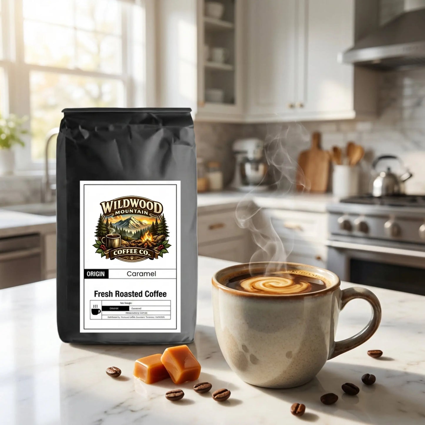Wildwood Mountain Coffee Co. bag with a steaming cup of coffee on a kitchen counter.