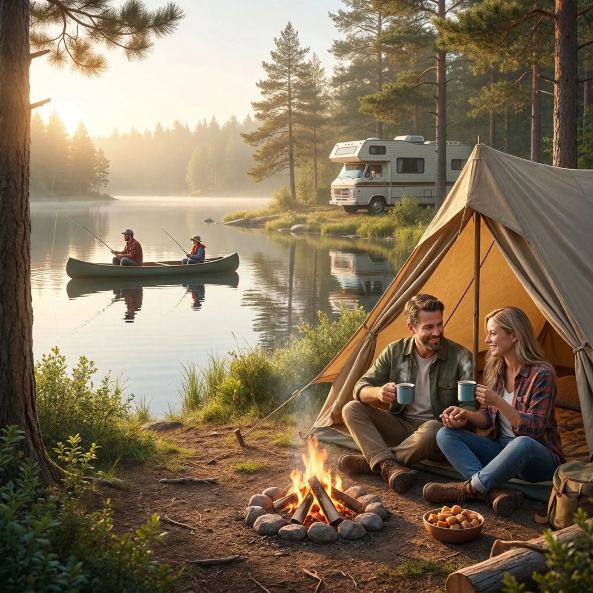 Two people by a campfire near a lake with a tent, fisherman and woman on the lake in a boat, and RV in the background.