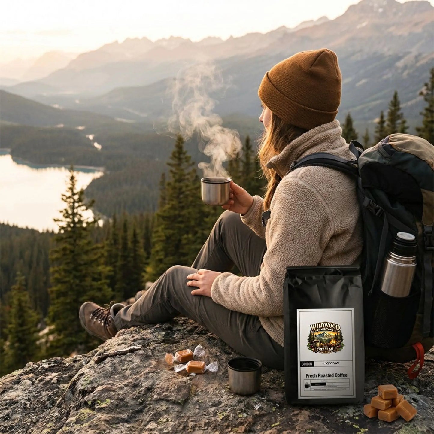 Hiker sitting on a rock with a scenic view of mountains and lake, holding a coffee cup, with a backpack and Wilderness Coffee bag.