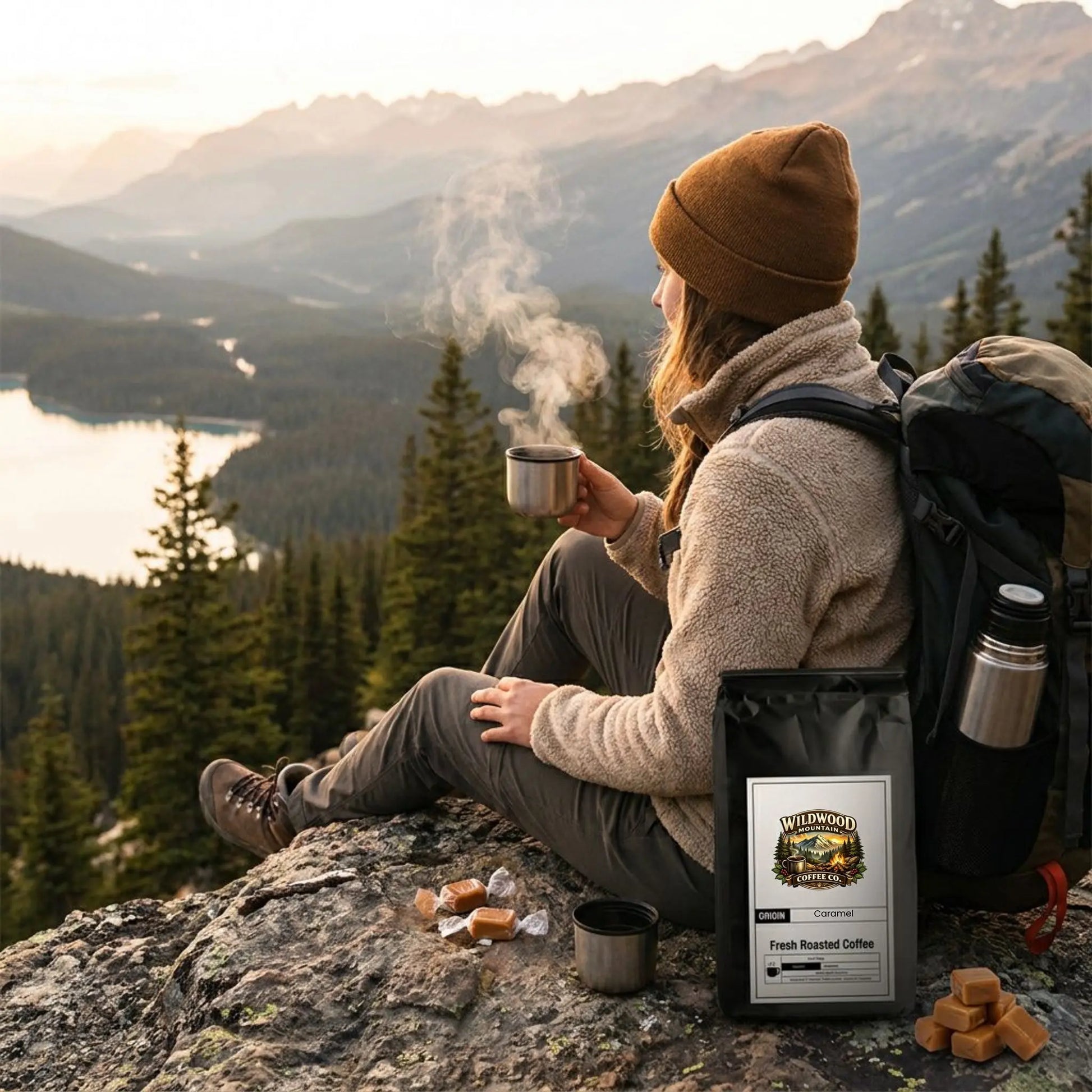 Hiker sitting on a rock with a scenic view of mountains and lake, holding a coffee cup, with a backpack and Wilderness Coffee bag.