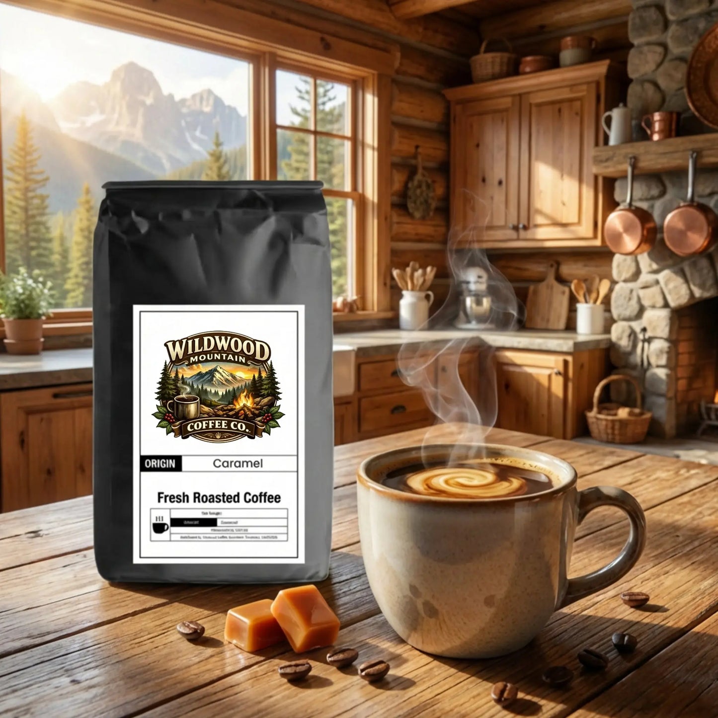 Bag of Wildwood Coffee Co. coffee on a wooden table with a steaming cup of coffee in a cozy kitchen setting.