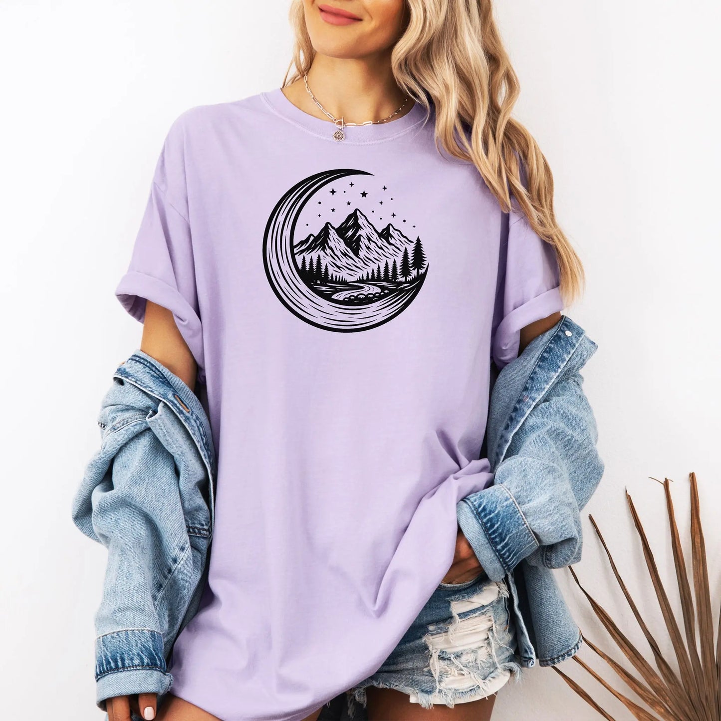 Celestial Mountain T-Shirt, Crescent Moon Wilderness Tee Printify