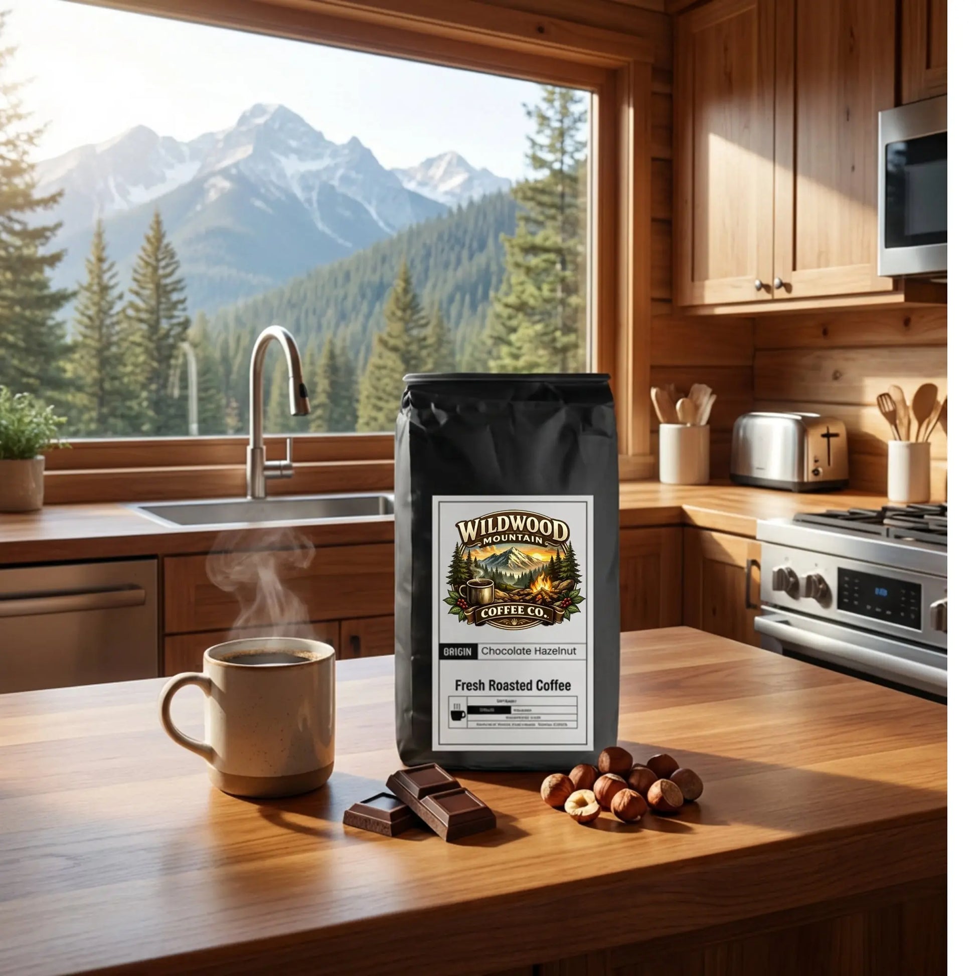 Coffee bag with 'Wildwood Coffee Co.' on a kitchen counter with a scenic view of mountains.
