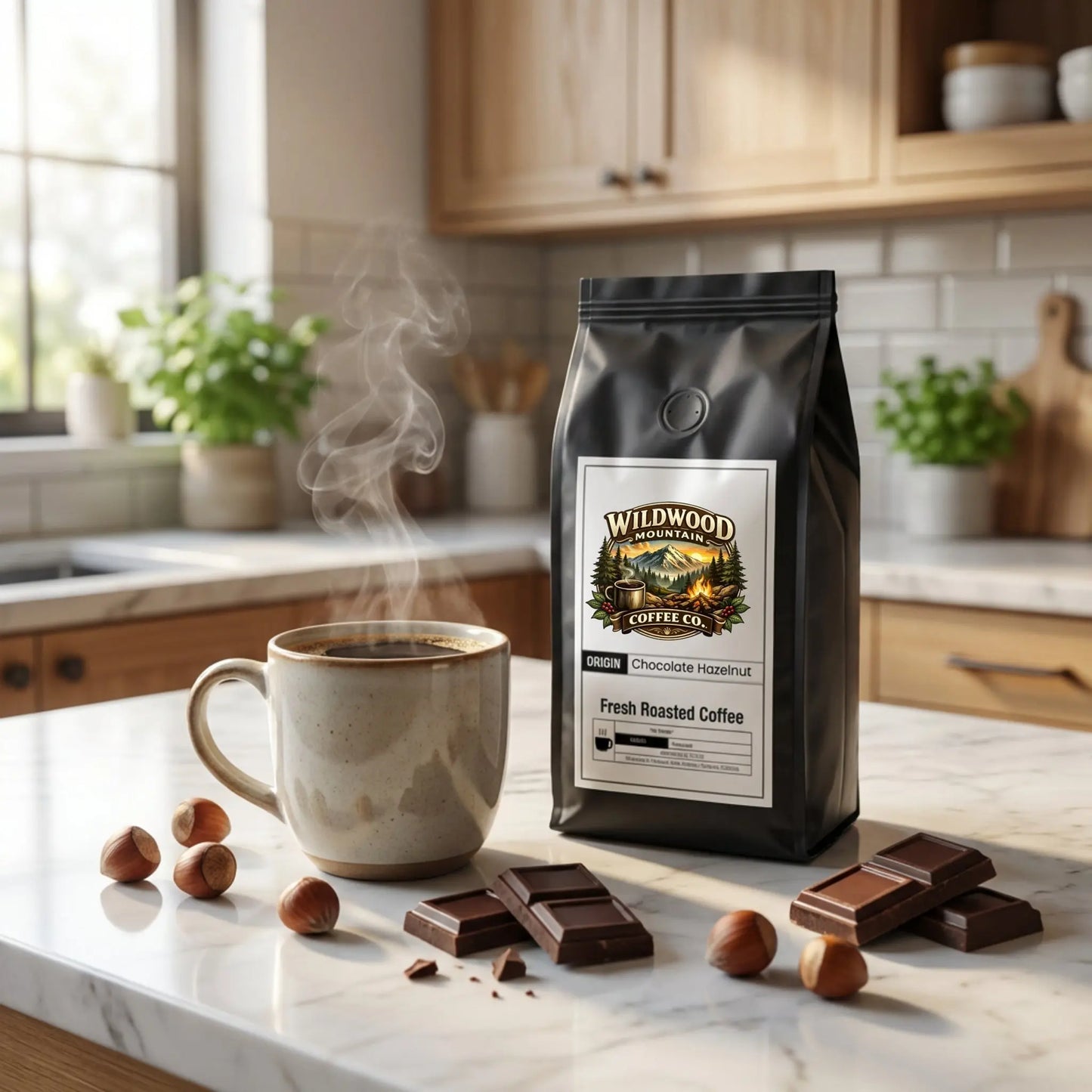 Steaming cup of coffee with a bag of Wildwood Mountain Coffee Co. on a kitchen counter.