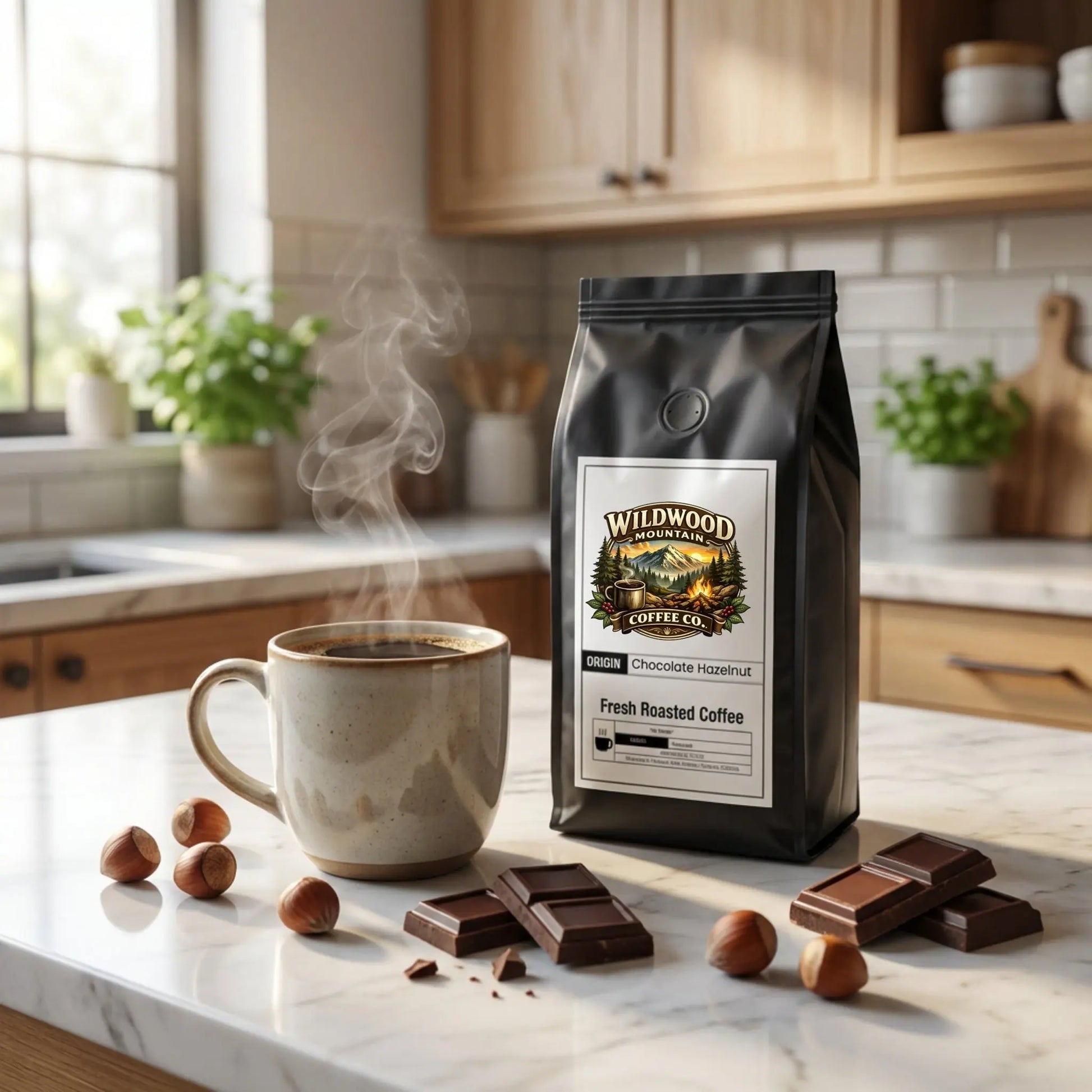 Steaming cup of coffee with a bag of Wildwood Mountain Coffee Co. on a kitchen counter.