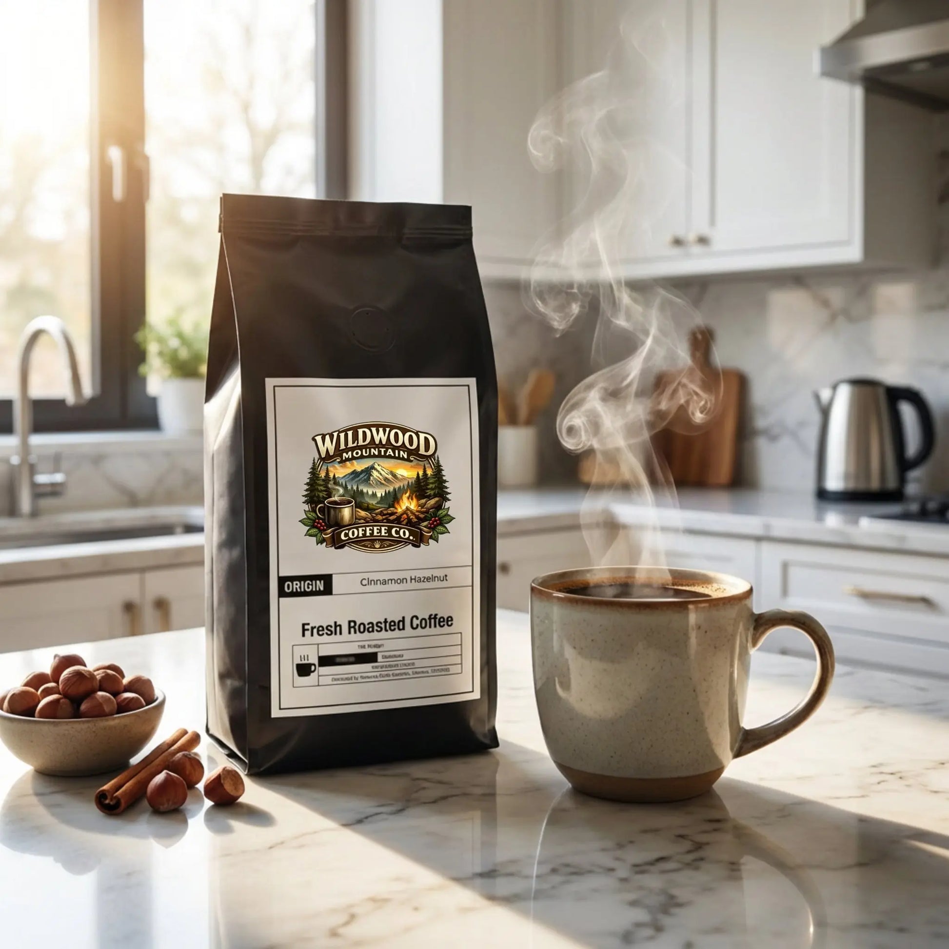 Wildwood Mountain Coffee Co. bag with a steaming mug on a kitchen counter