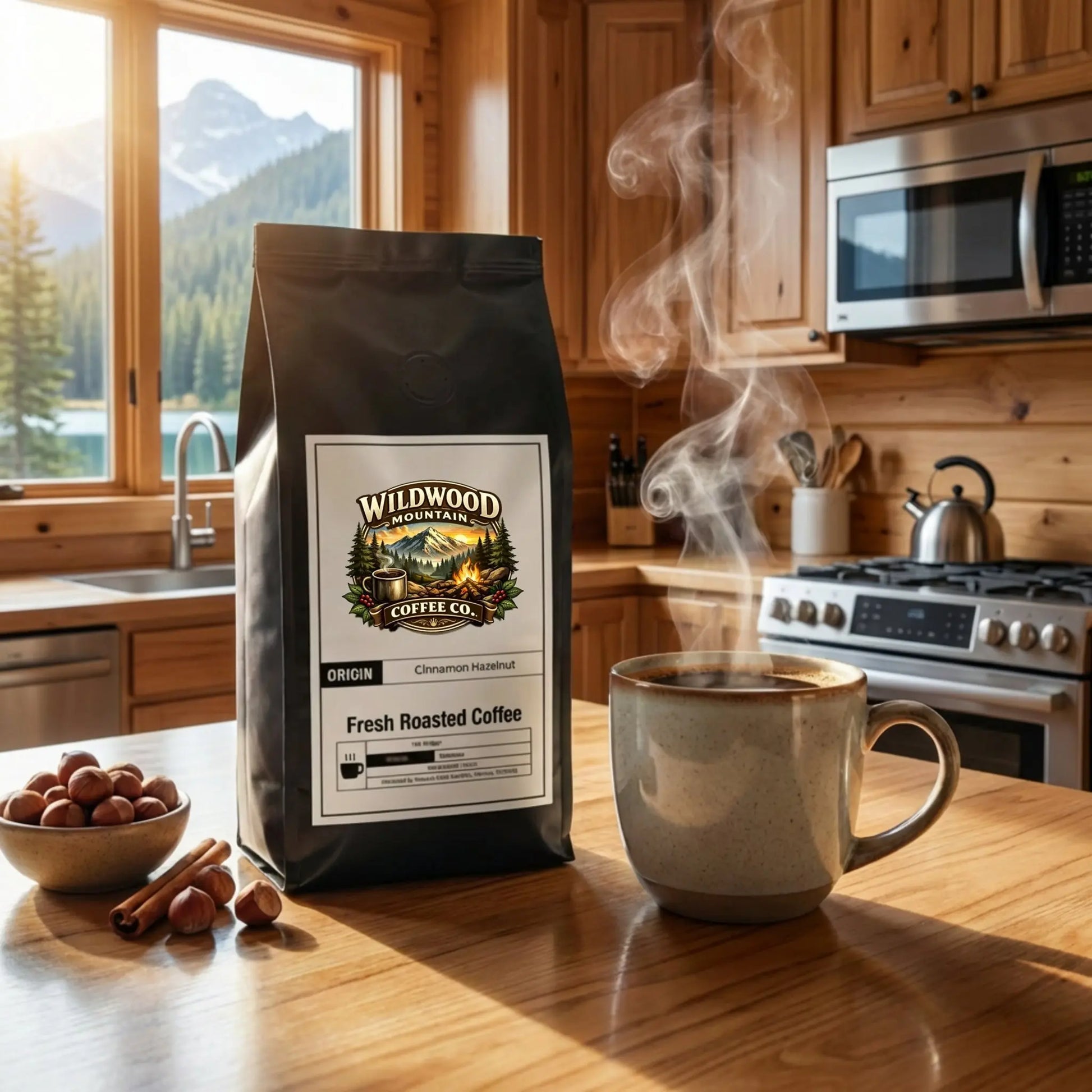 Bag of Wildwood Coffee Co. coffee and a steaming mug on a kitchen counter with a mountain view.