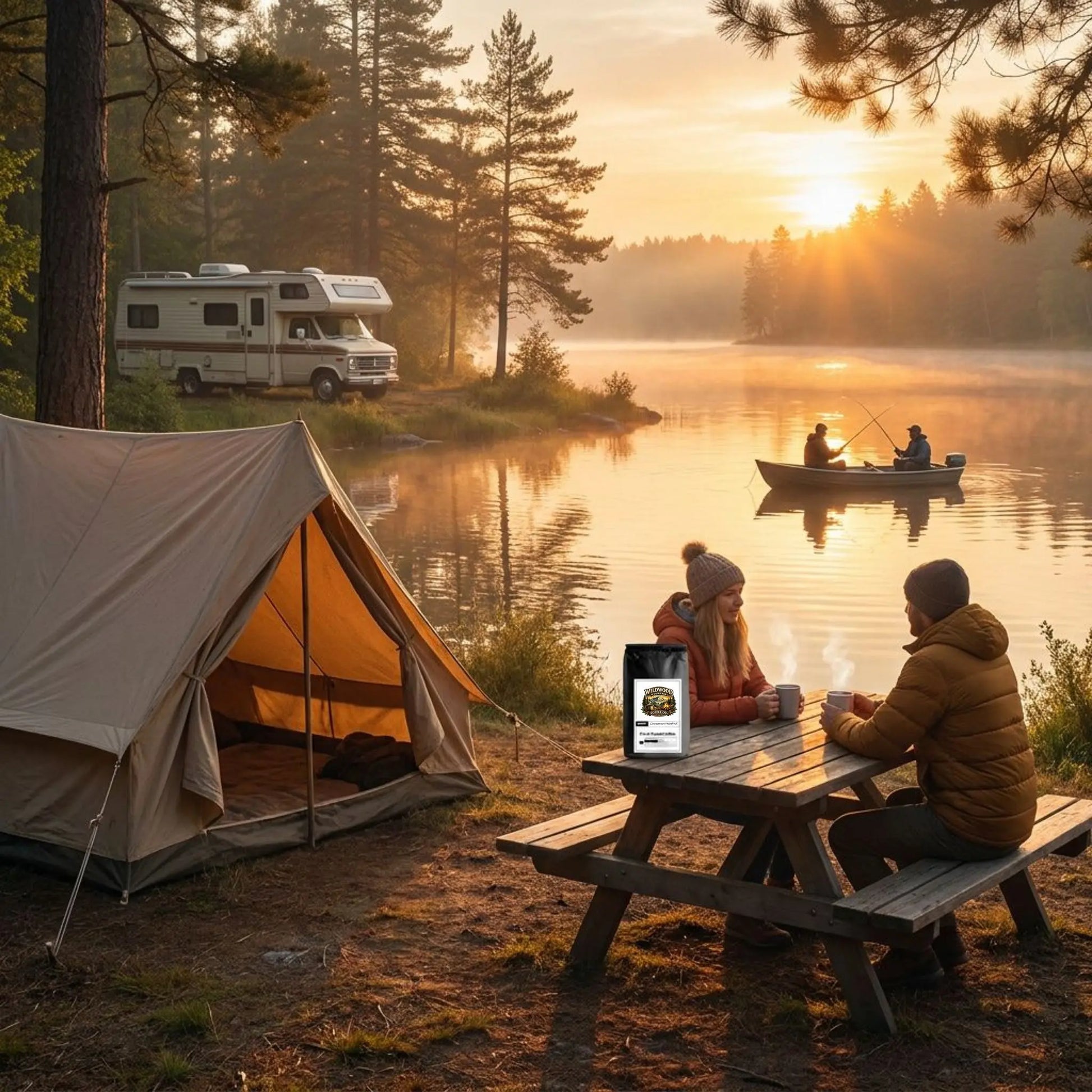 Camping scene with a tent, RV, and campers drinking coffee by a lake at sunset.