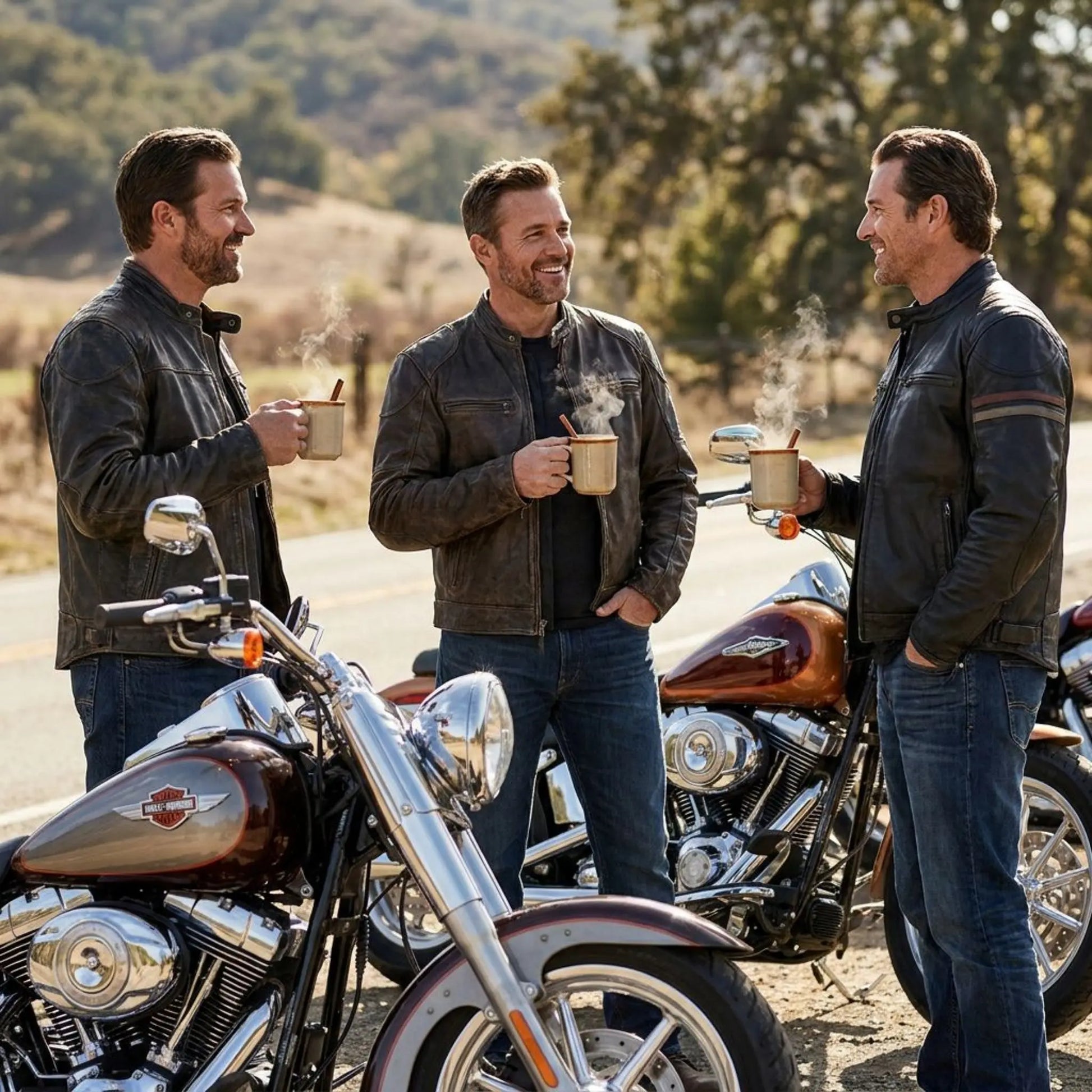 Three men in leather jackets standing next to motorcycles, holding coffee mugs with steam, in a scenic outdoor setting.