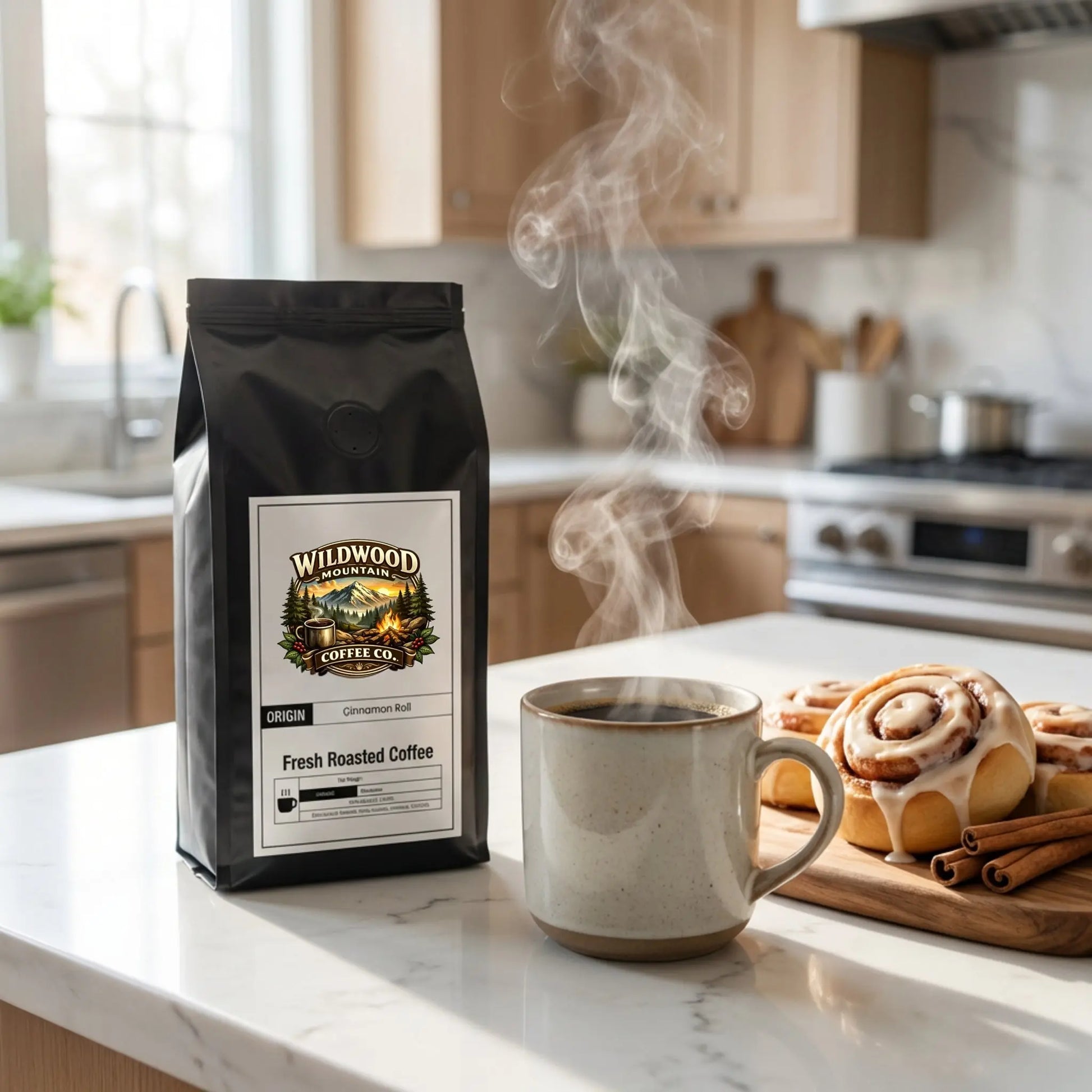 Wildwood Coffee Co. package with a steaming mug and cinnamon rolls on a kitchen counter.