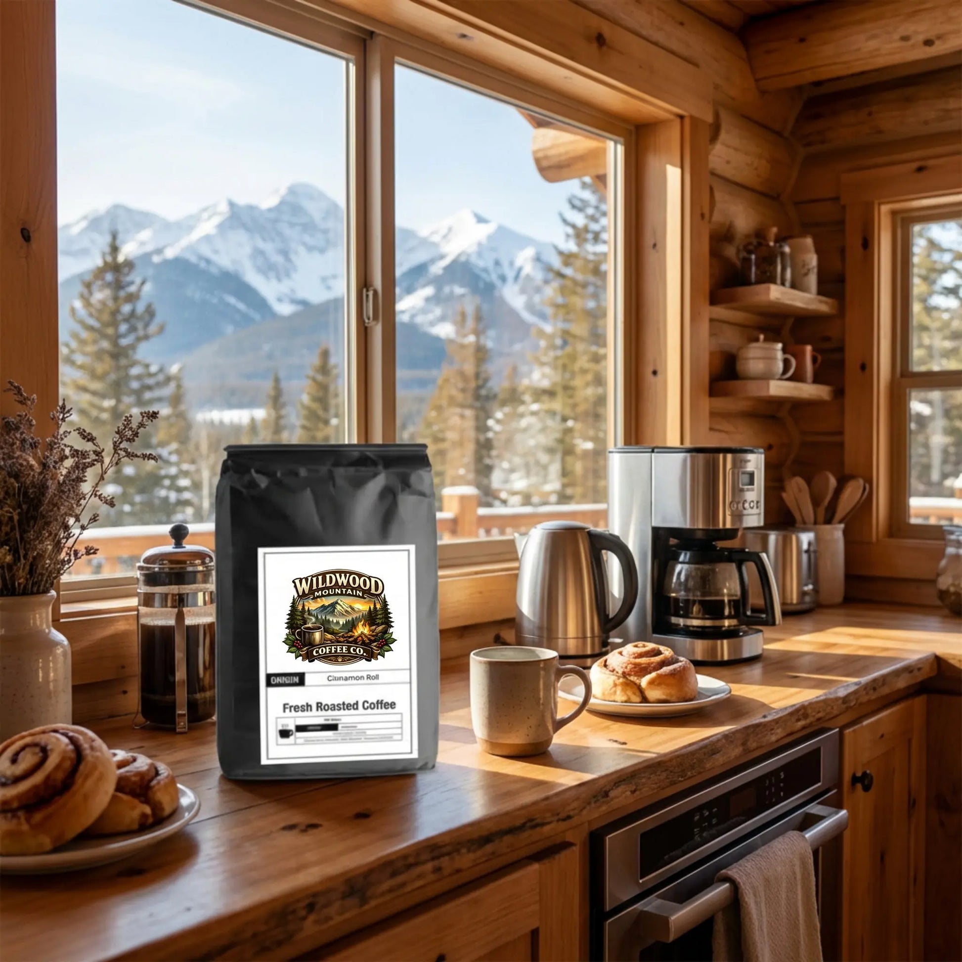 Wooden kitchen counter with coffee bag, coffee maker, and pastries, mountain view through window