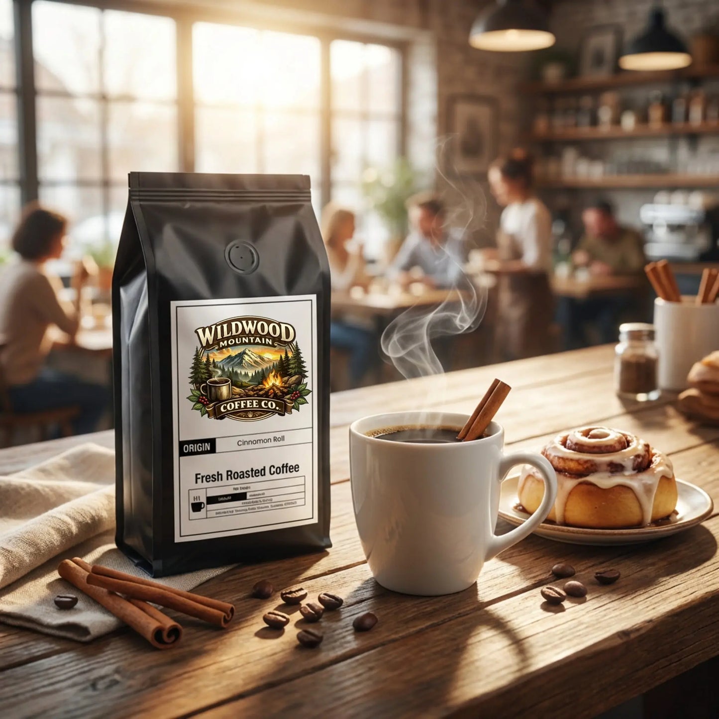 Wildwood Coffee Co. package with a cup of coffee and cinnamon roll on a wooden table in a cafe setting.