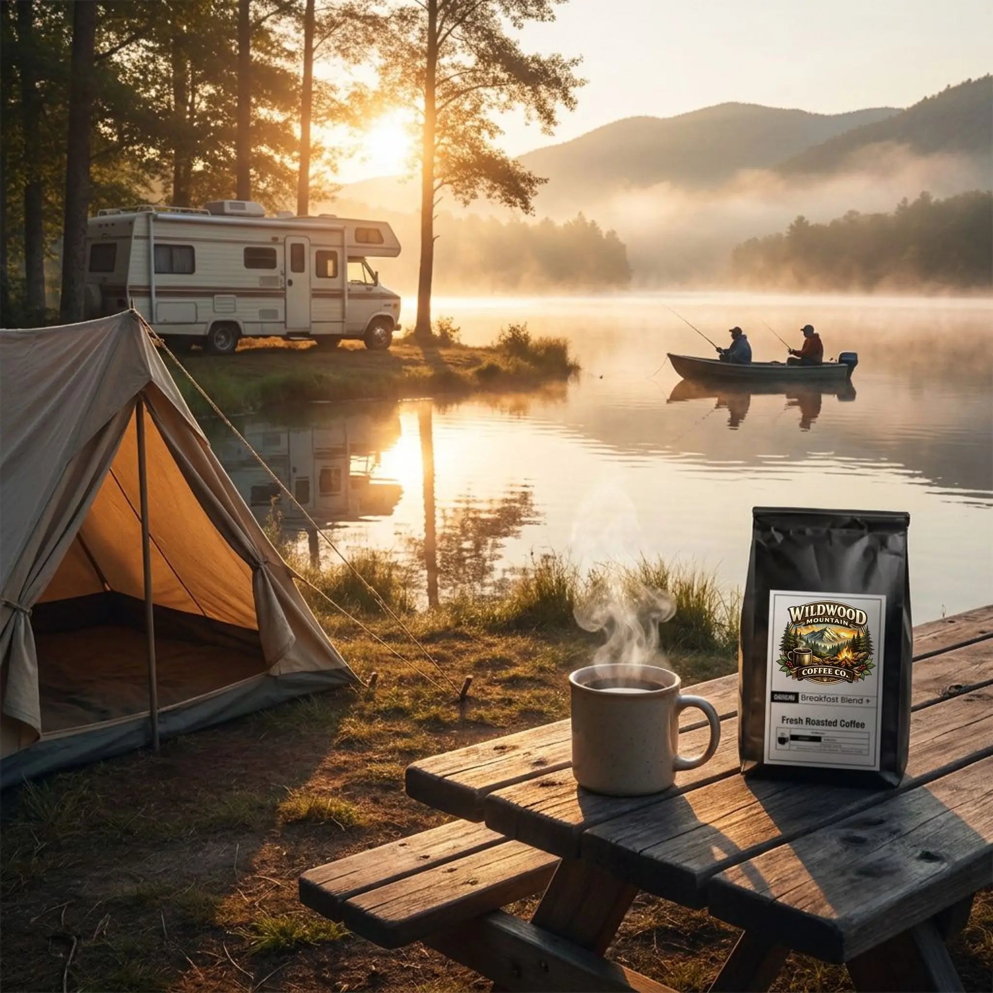 Wildwood Mountain Coffee Co Breakfast Blend + sitting on a picnic table by a lake with a steaming cup of hot coffee next to it.  An empty tent nearby.  A RV in the background.  Two men fishing in the lake.