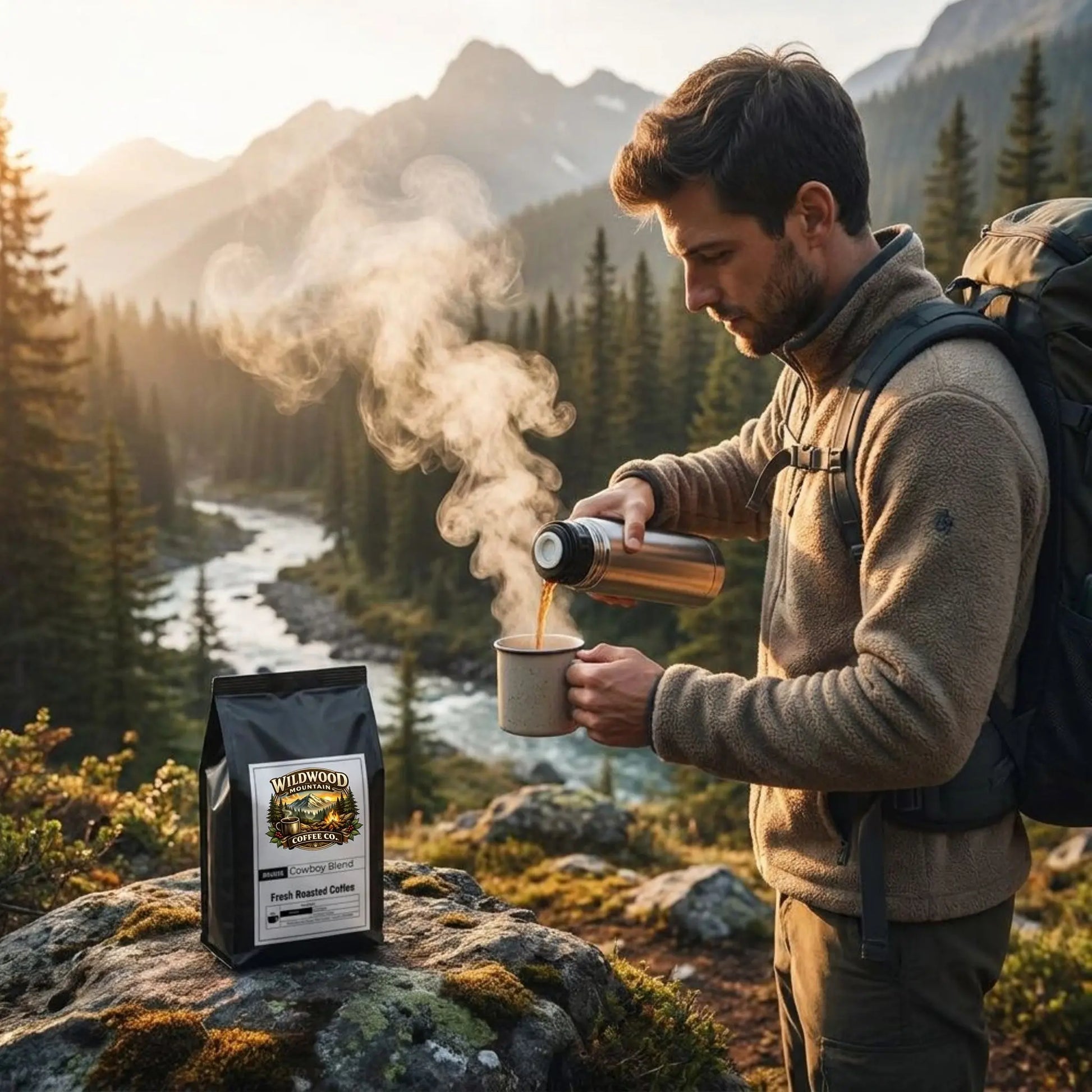 Bag of Wildwood Coffee Co cowboy blend coffee sitting on a rock, with a hiker pouring a steaming cup of coffee from a thermos.