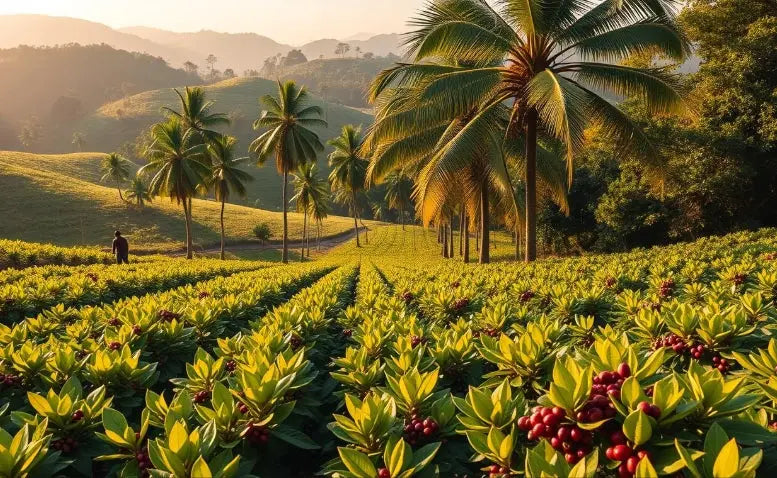 Hillside with coffee plants and palm trees bathed in warm sunlight