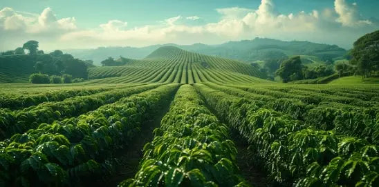 Coffee plantation with rows stretching into the distance under a blue sky with clouds.