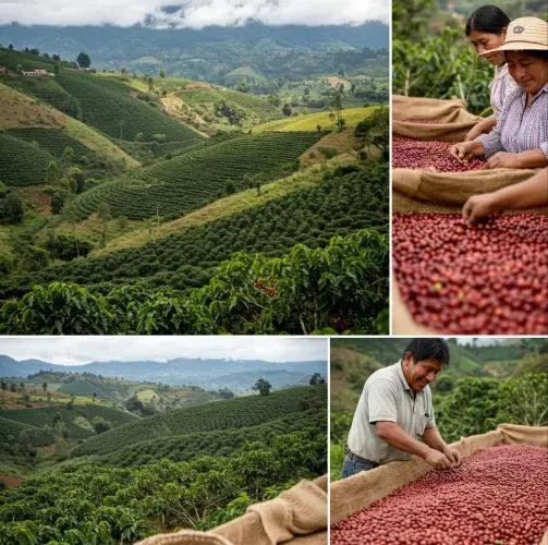 Collage of coffee farming activities including coffee plants, workers sorting coffee beans, and a view of coffee fields.