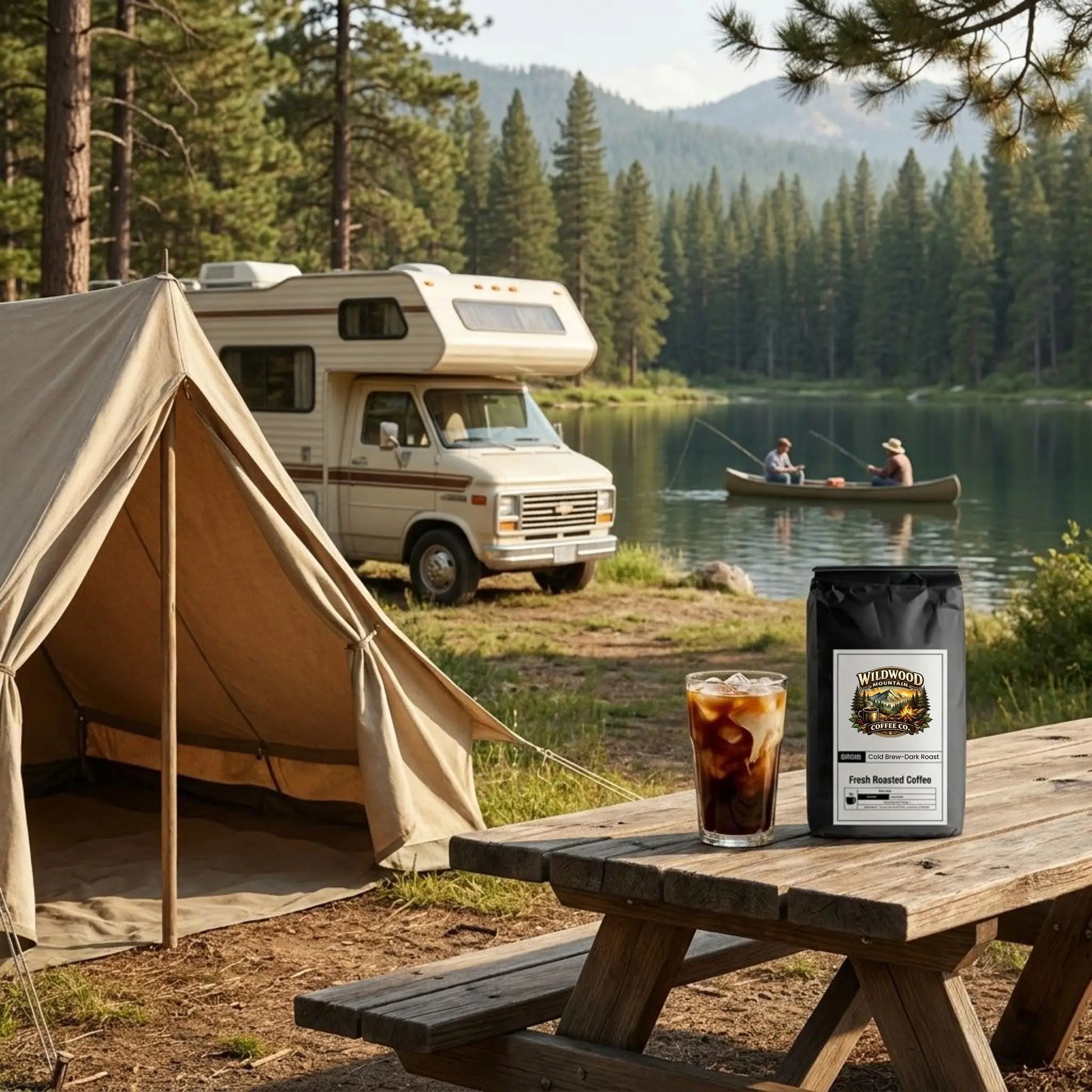 Camping scene with a tent, RV, and coffee on a picnic table by a lake.