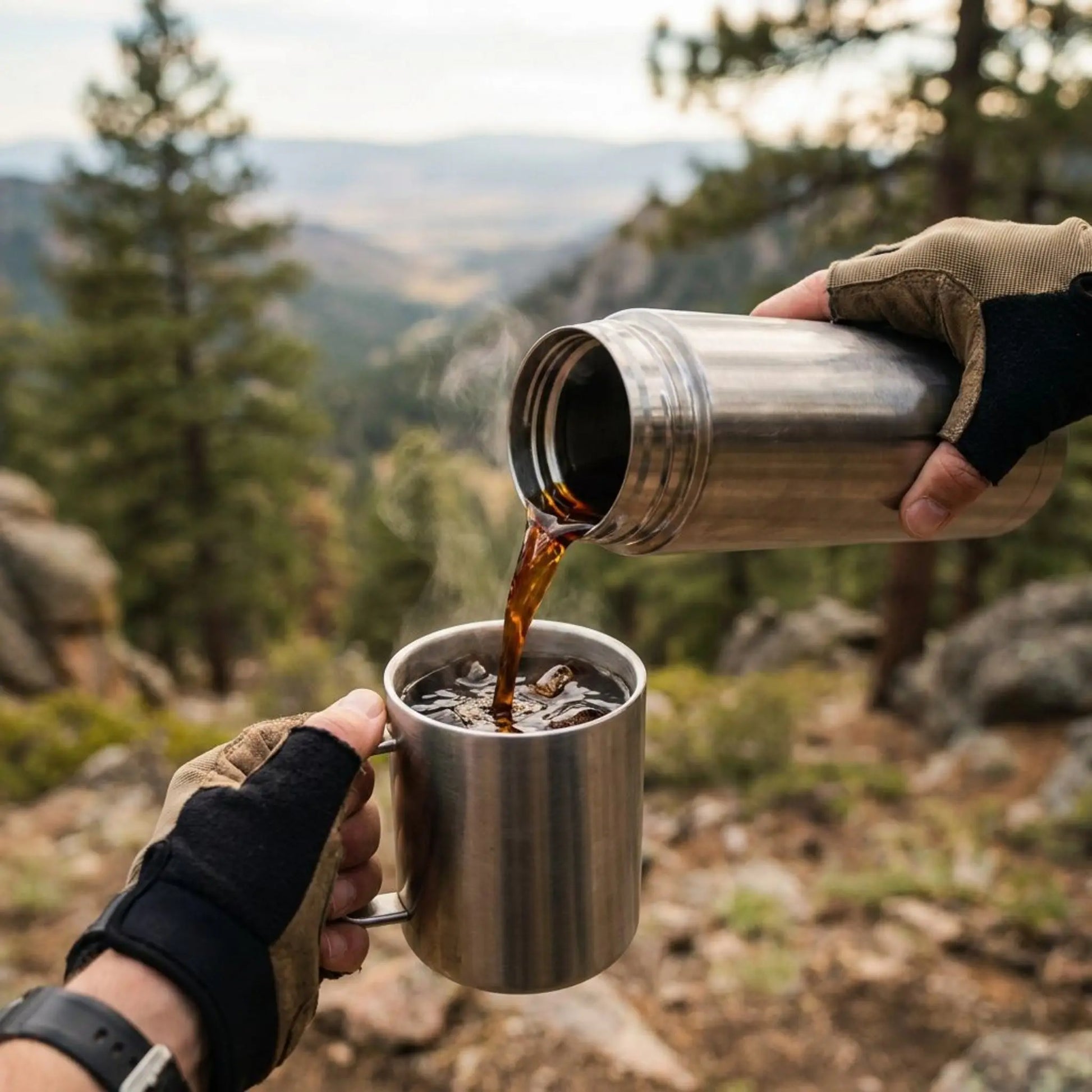 Person pouring coffee from a thermos into a mug with a scenic mountain backdrop