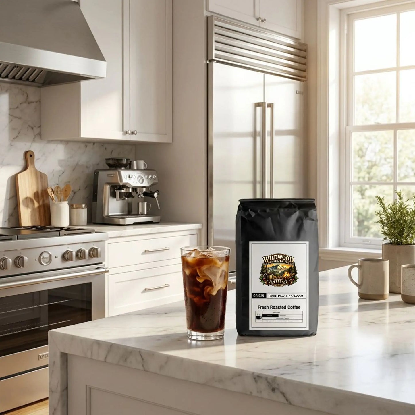 Kitchen scene with a bag of coffee and Cold Brew coffee on a marble countertop.